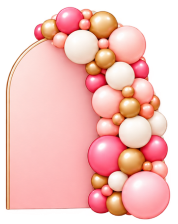 Pink and gold balloons arranged around an archway or frame.