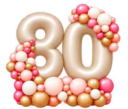 Decorative balloon and pearl arrangement in the shape of the number 80, celebrating an 80th birthday or anniversary.