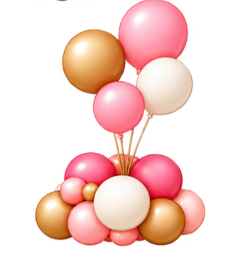 Decorative balloon arrangement with pink, white, and gold balloons.