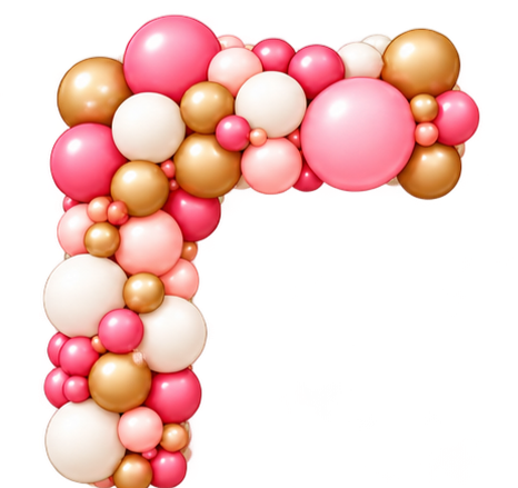 Letter T made from pink, white, gold, and peach-colored balloons.