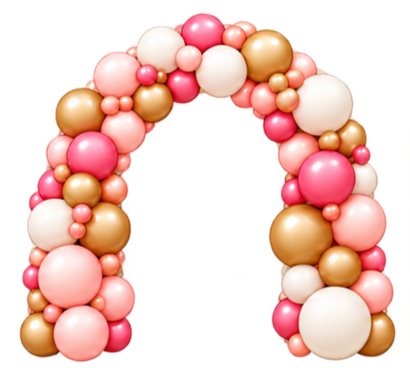Balloon arch with pink, white, gold, and coral-colored balloons