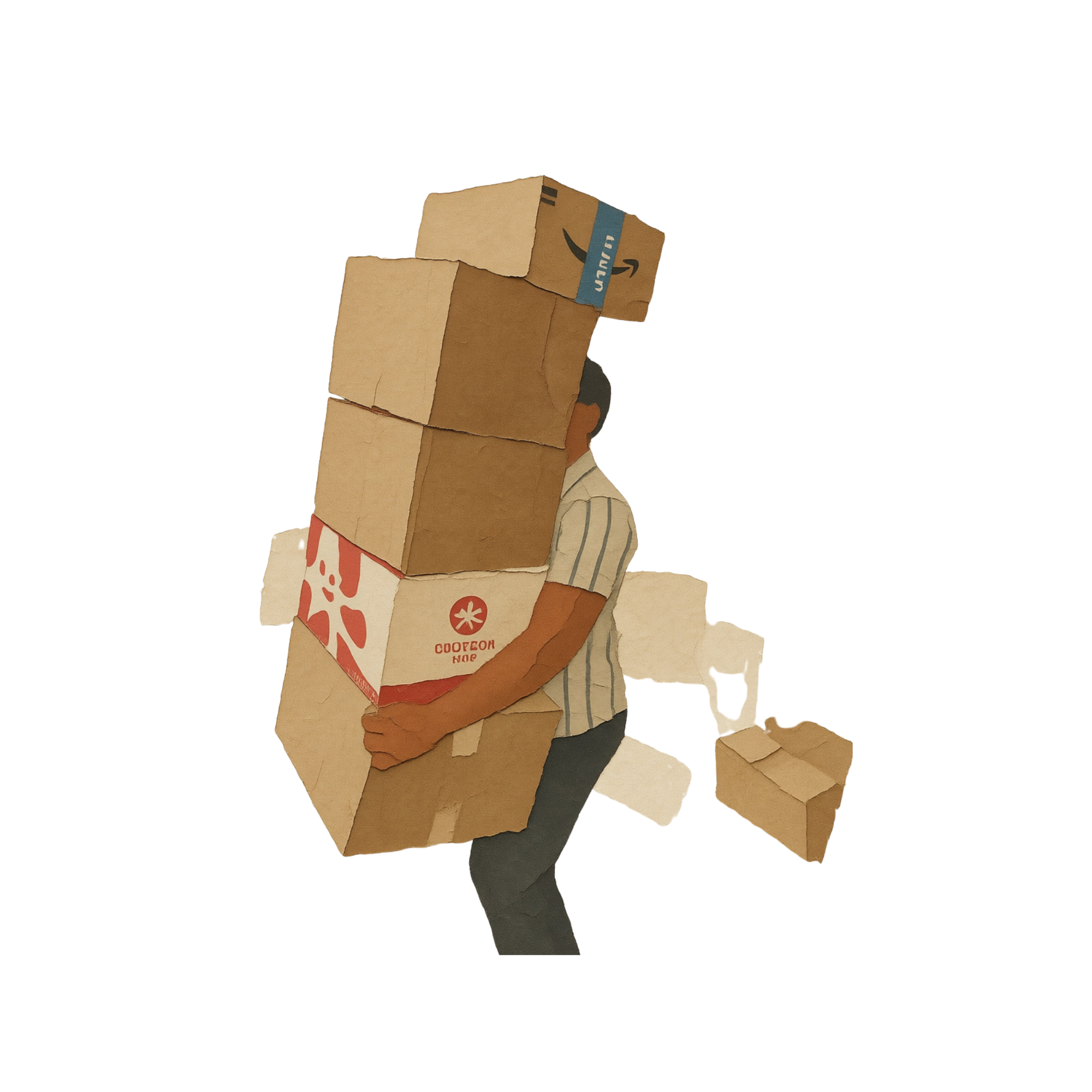 A person holding a stack of cardboard boxes with an Amazon Prime logo on the top box.