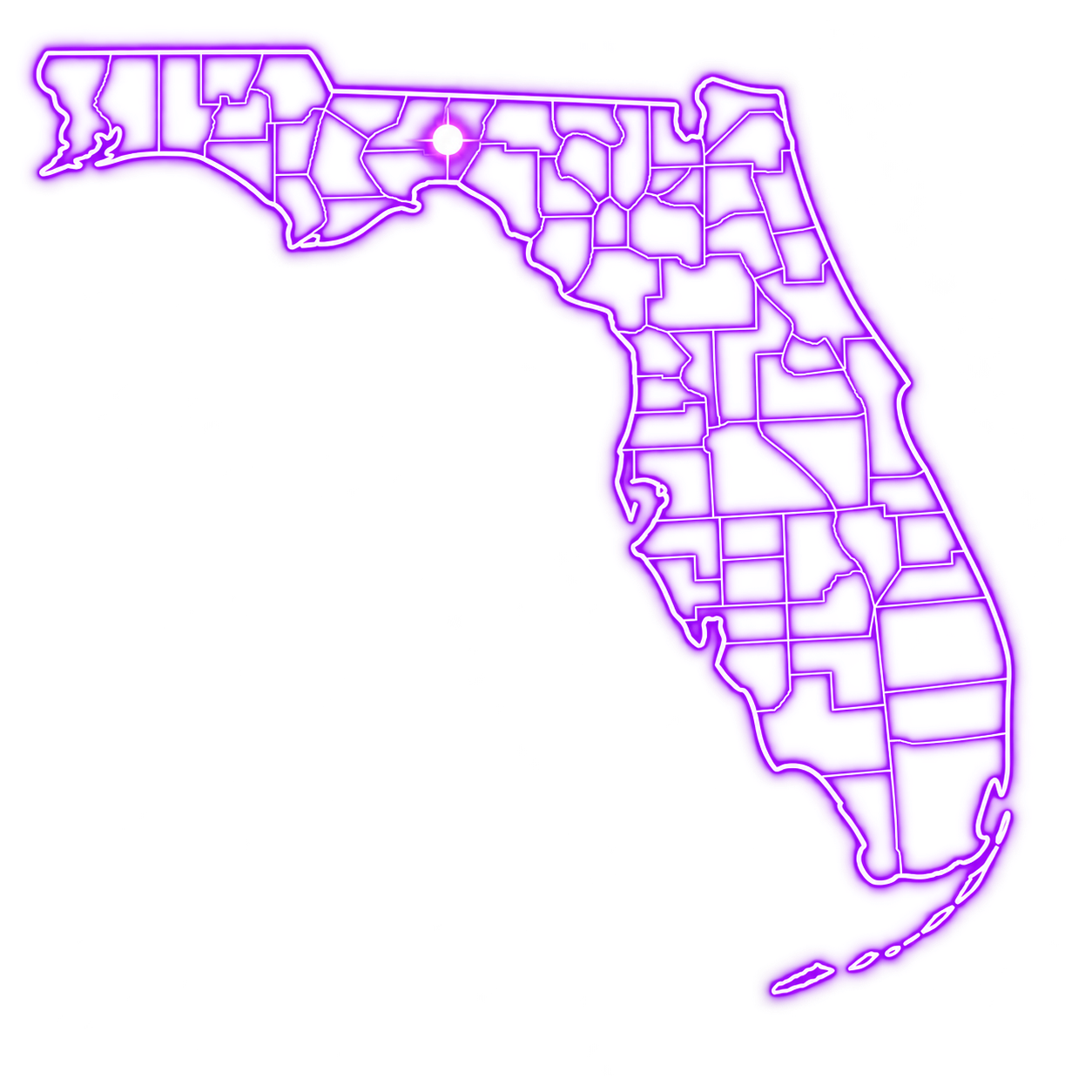Map of Florida highlighting Tallahassee and Axentron's North Florida service area, highlighted in neon pink and purple.