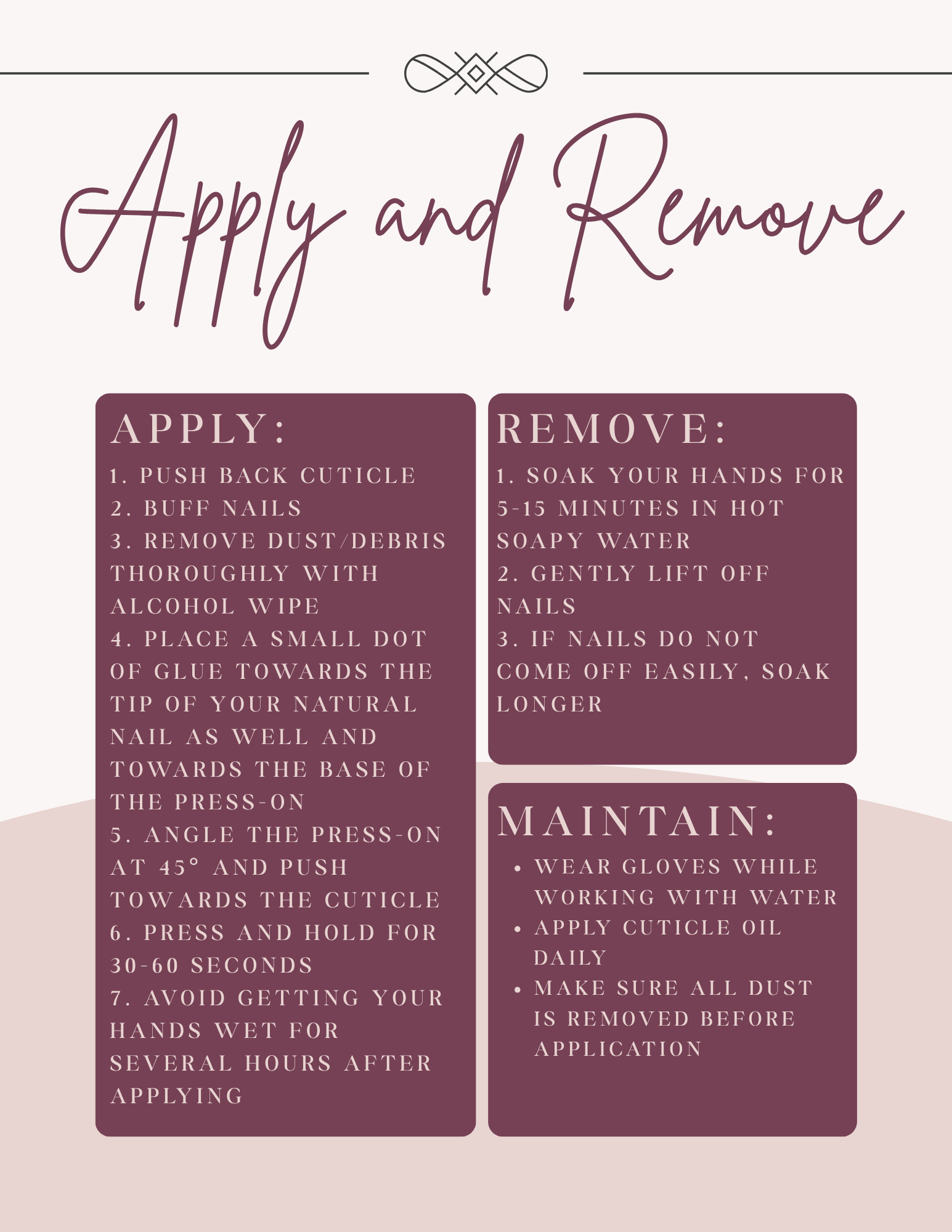 A visual guide for applying and removing nail polish, including instructions for pushing back cuticles, buffing nails, removing dust, and maintaining nails with gloves and cuticle oil.