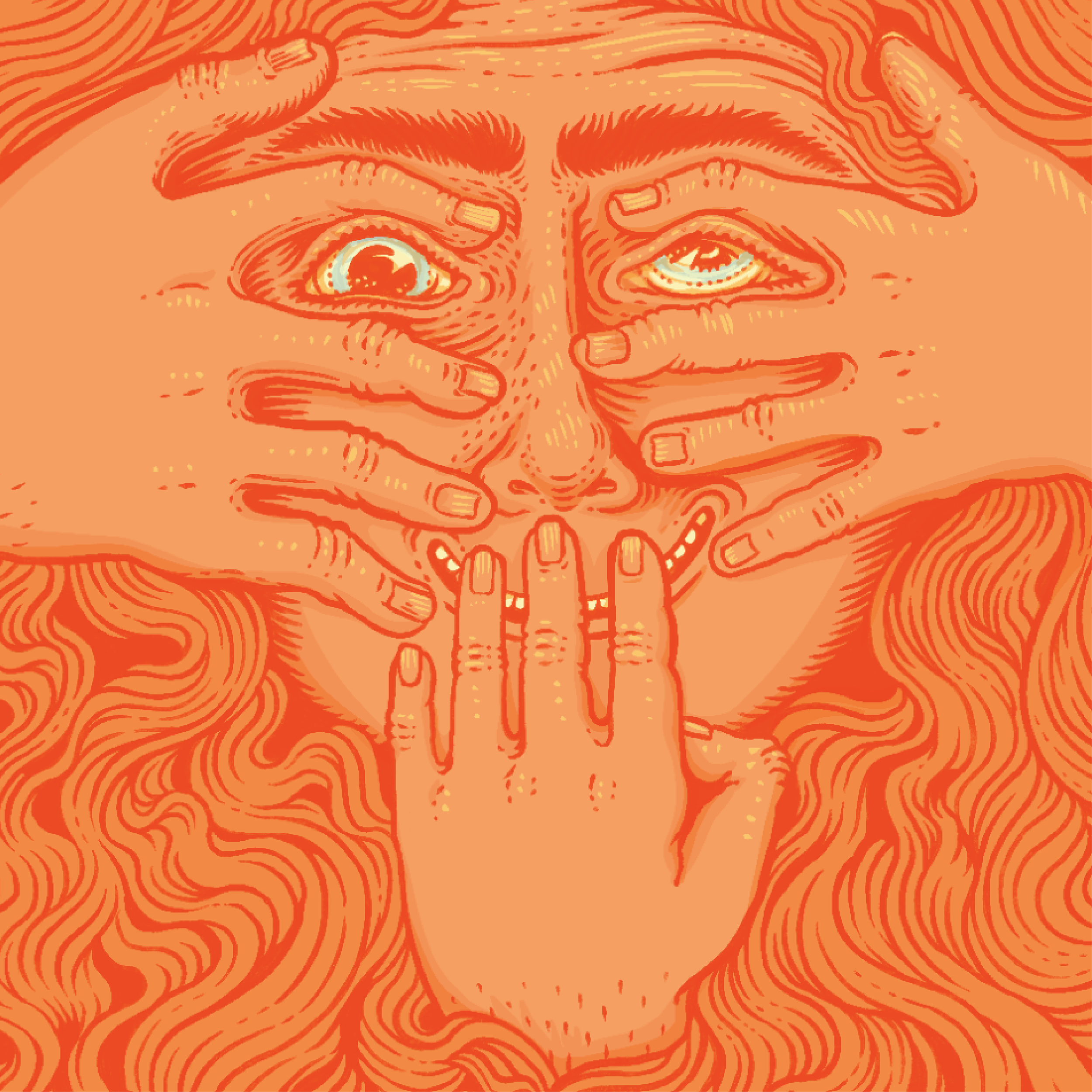 A stylized illustration of a person's face being pressed with their fingers, showing a distressed expression and exaggerated creases on the forehead.