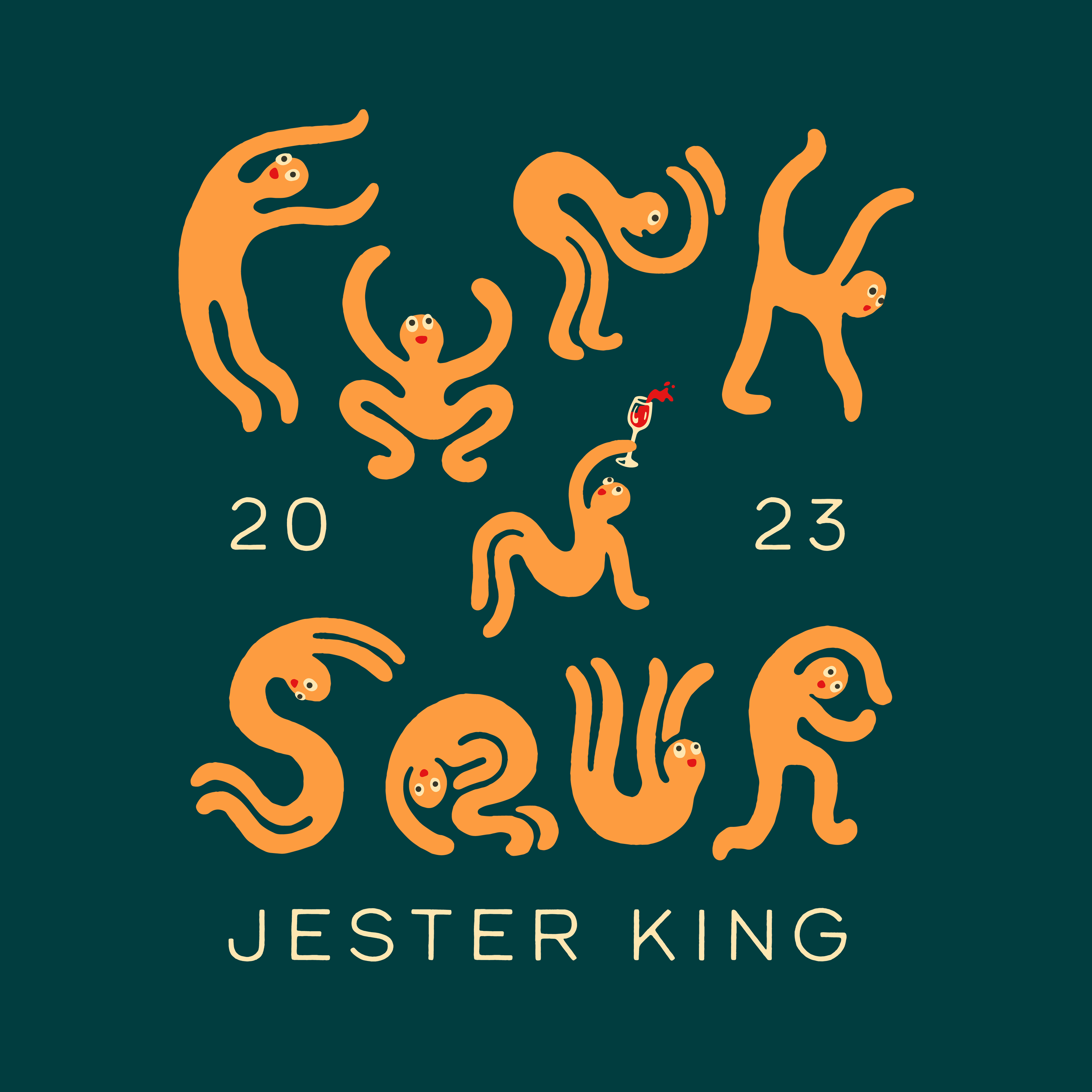 Illustration with orange tentacle-like figures forming the word "FOUR" on a dark green background, with the phrase "JESTER KING" and the year "2023" beneath.