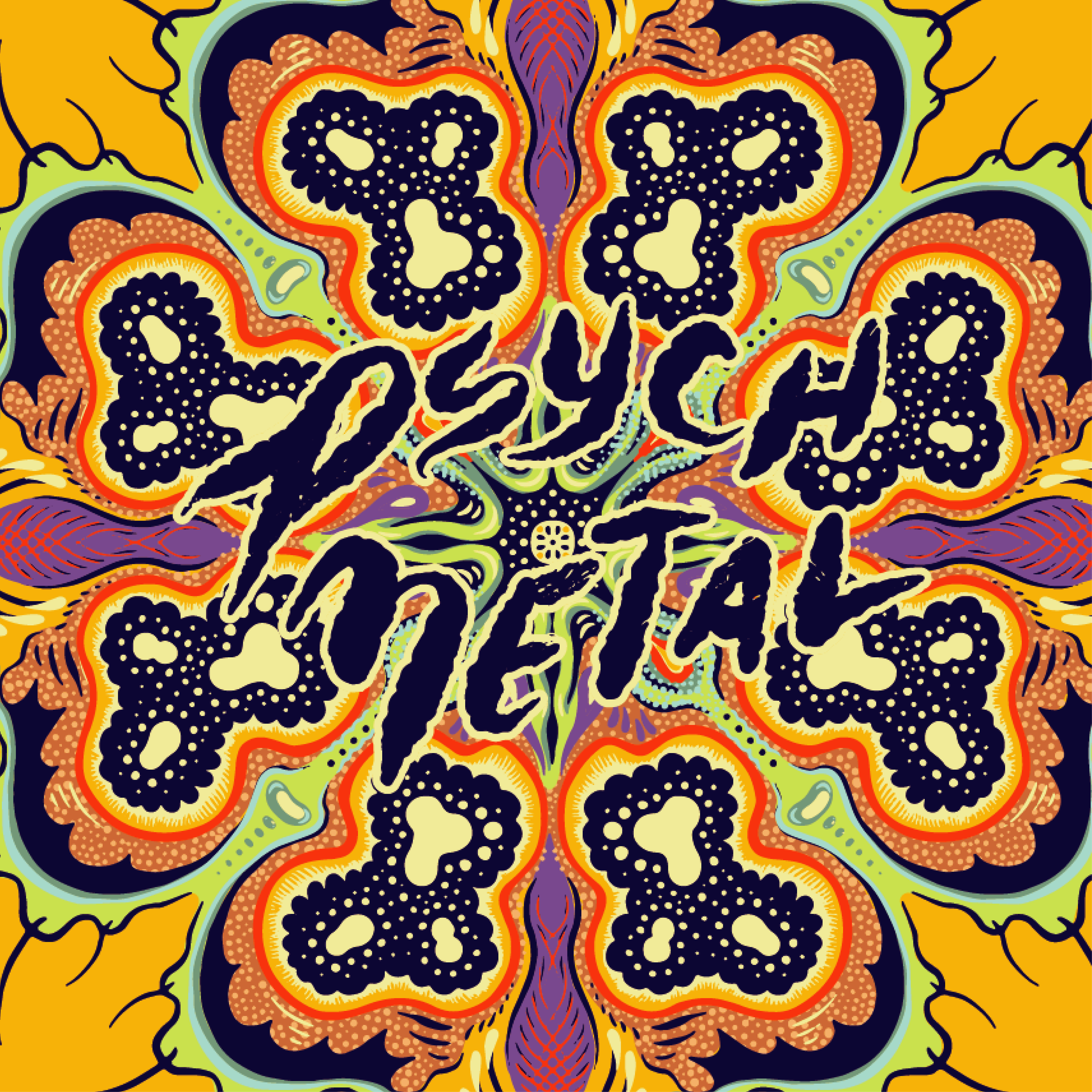 A colorful, abstract symmetrical pattern featuring black, yellow, orange, purple, and green shapes with dotted and lined details.