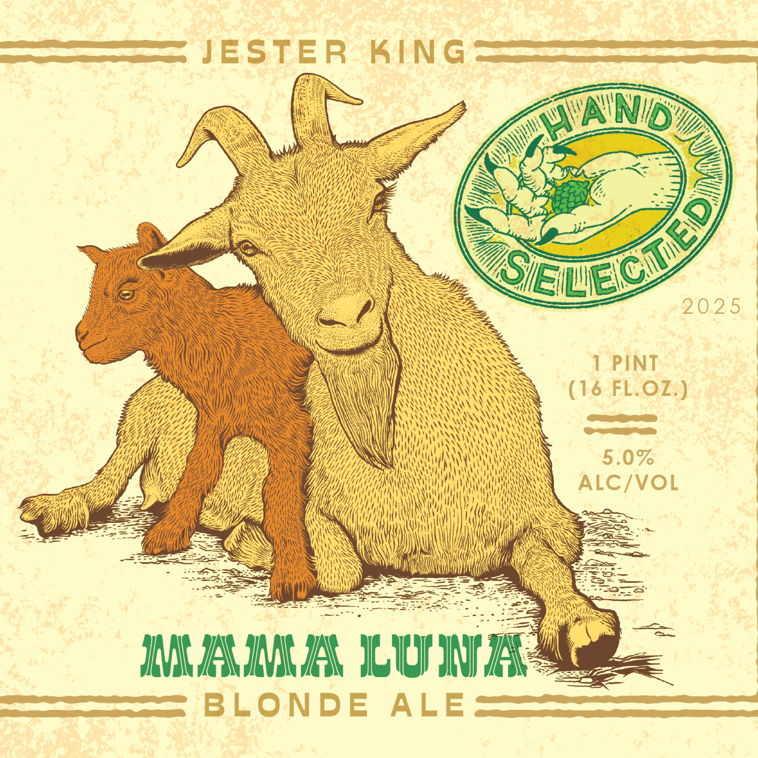 Close-up of a vintage beer label featuring illustrations of a lion and a goat, with the text "Jester King" and details about the beer such as type, alcohol content, and volume.