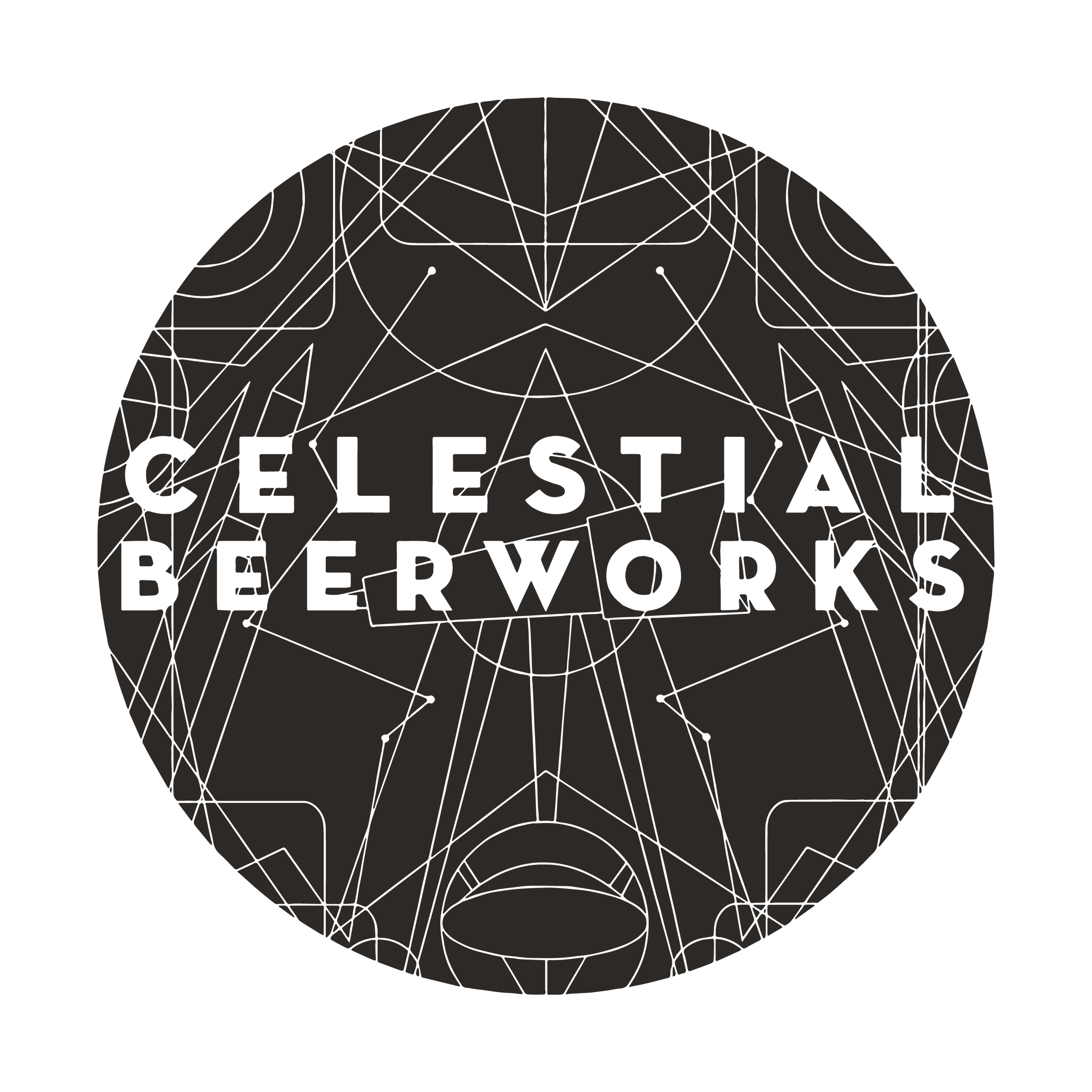 Black and gray circular logo with geometric lines and the words "Celestial Beerworks".