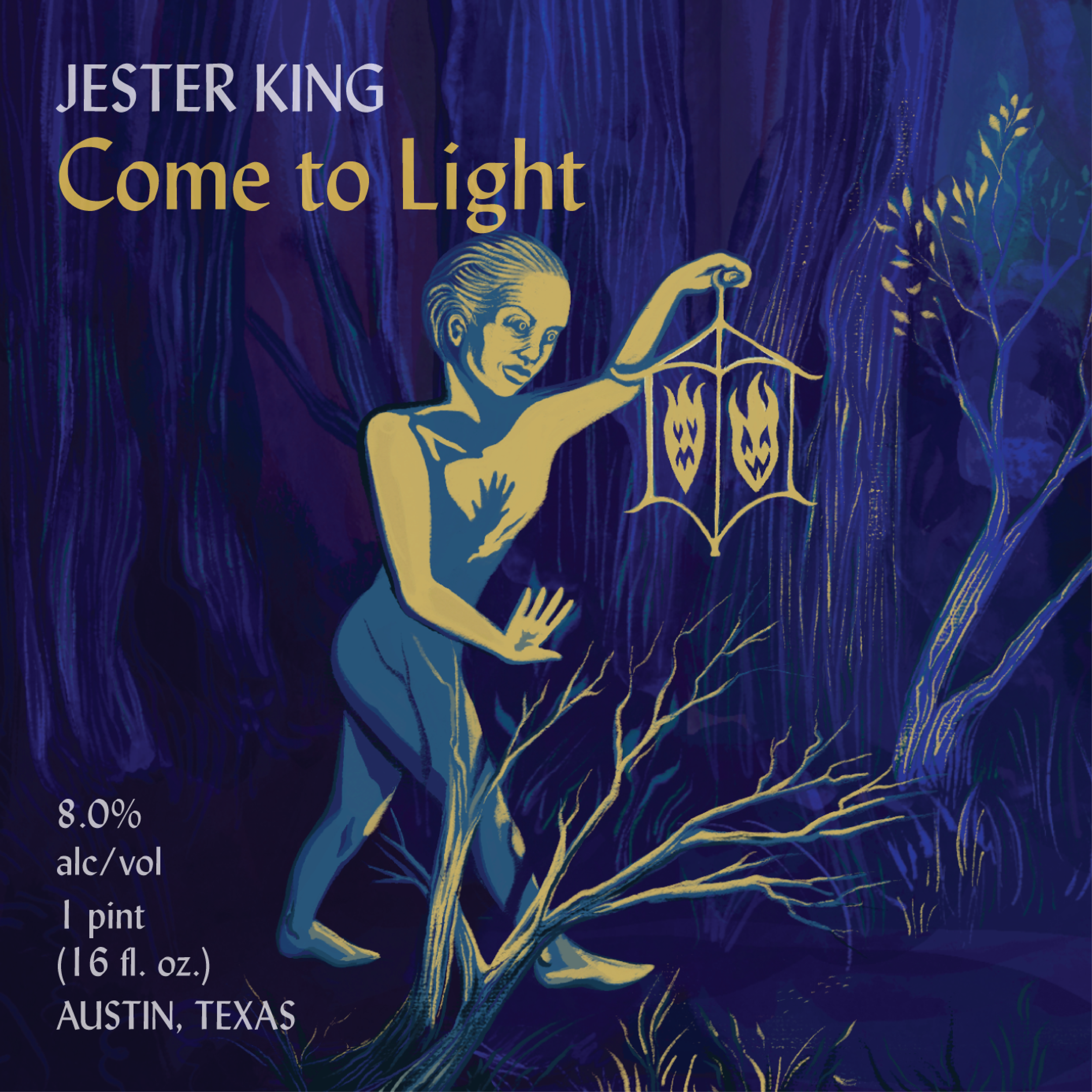 Poster for Jester King Brewery featuring a stylized illustration of a woman with flowing hair, holding a geometric lantern, with blue and green abstract background and text promoting the brewery's location in Austin, Texas.