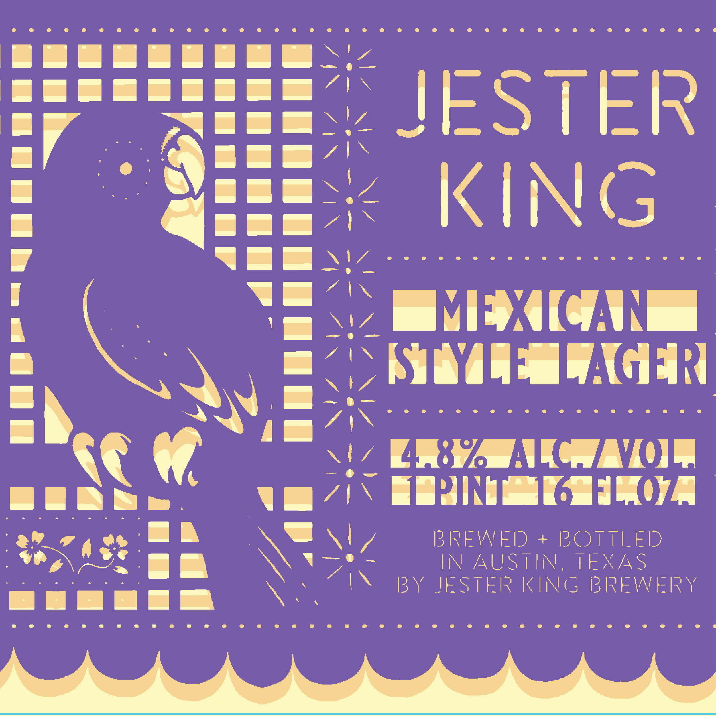 A purple and beige graphic design with a scalloped border, featuring cut-out text that reads 'West Texas Style Lager' and details about the beer being brewed and bottled in Austin, Texas by Jester King Brewery.