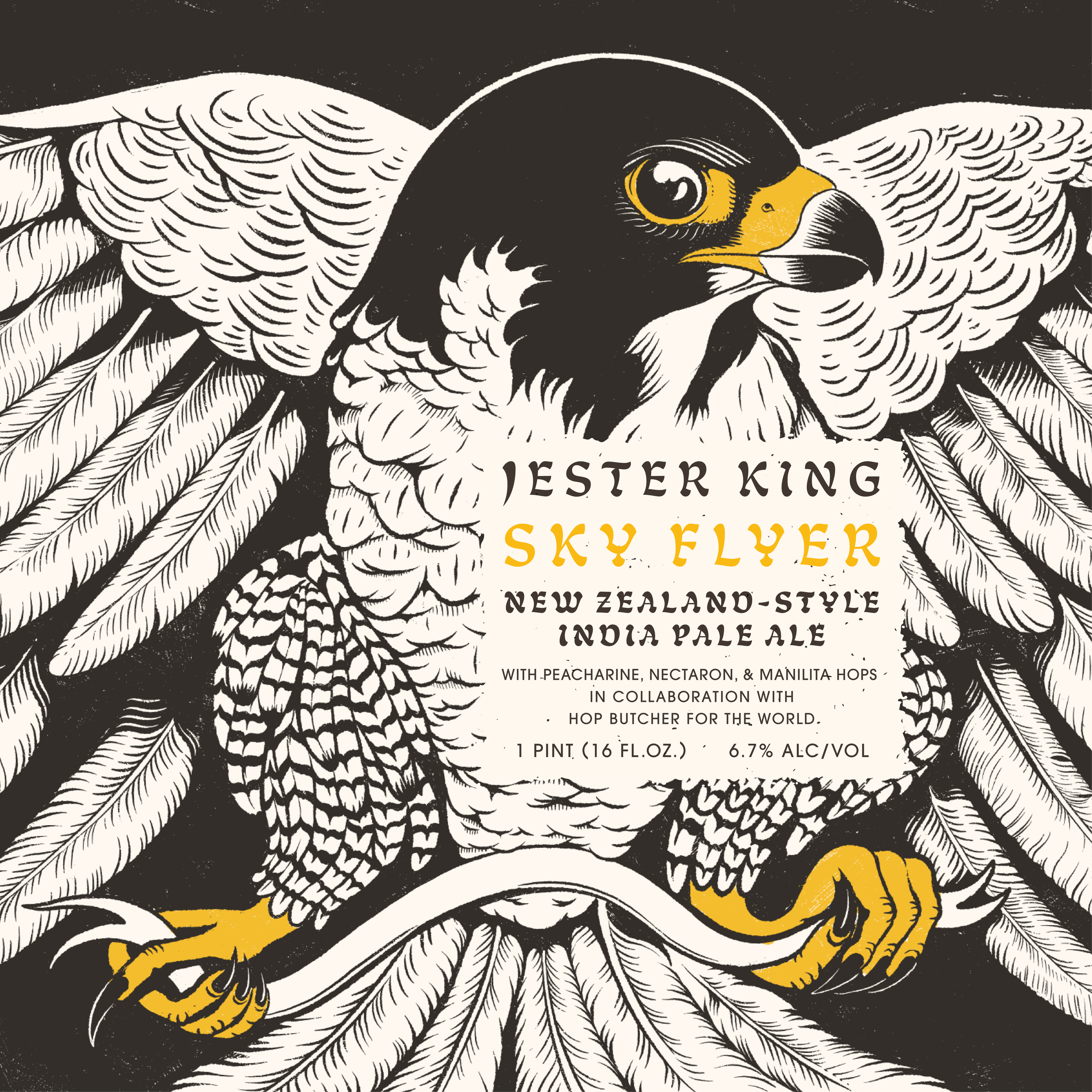 An illustration of a destructive eagle in black, white, and yellow, with intricate feather details and bold lines, promoting a Jester King Sky Flyer beer.