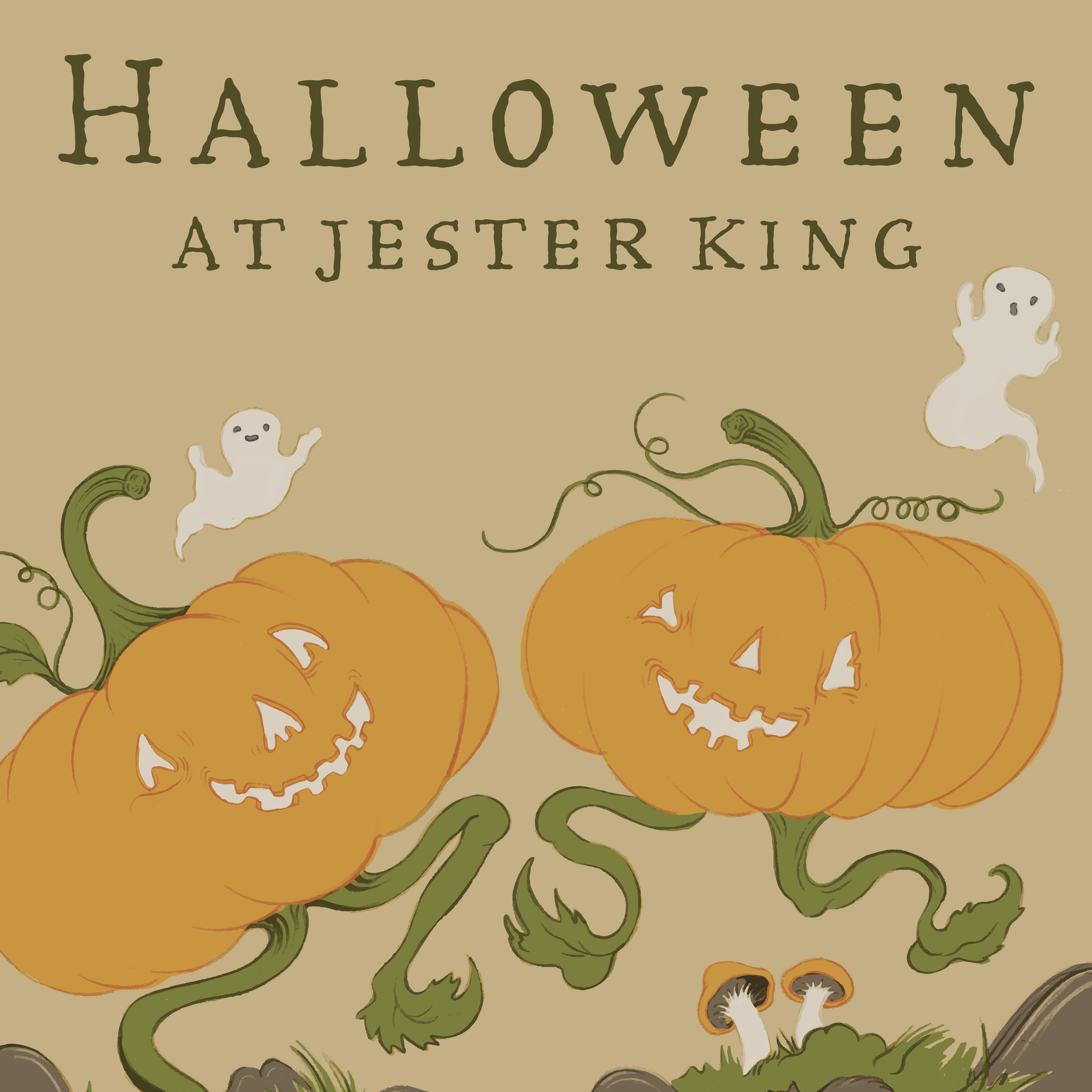 A Halloween themed illustration featuring carved pumpkins with faces, white ghostly figures, green vine-like elements, and the text 'Halloween at Jester King' on a beige background.