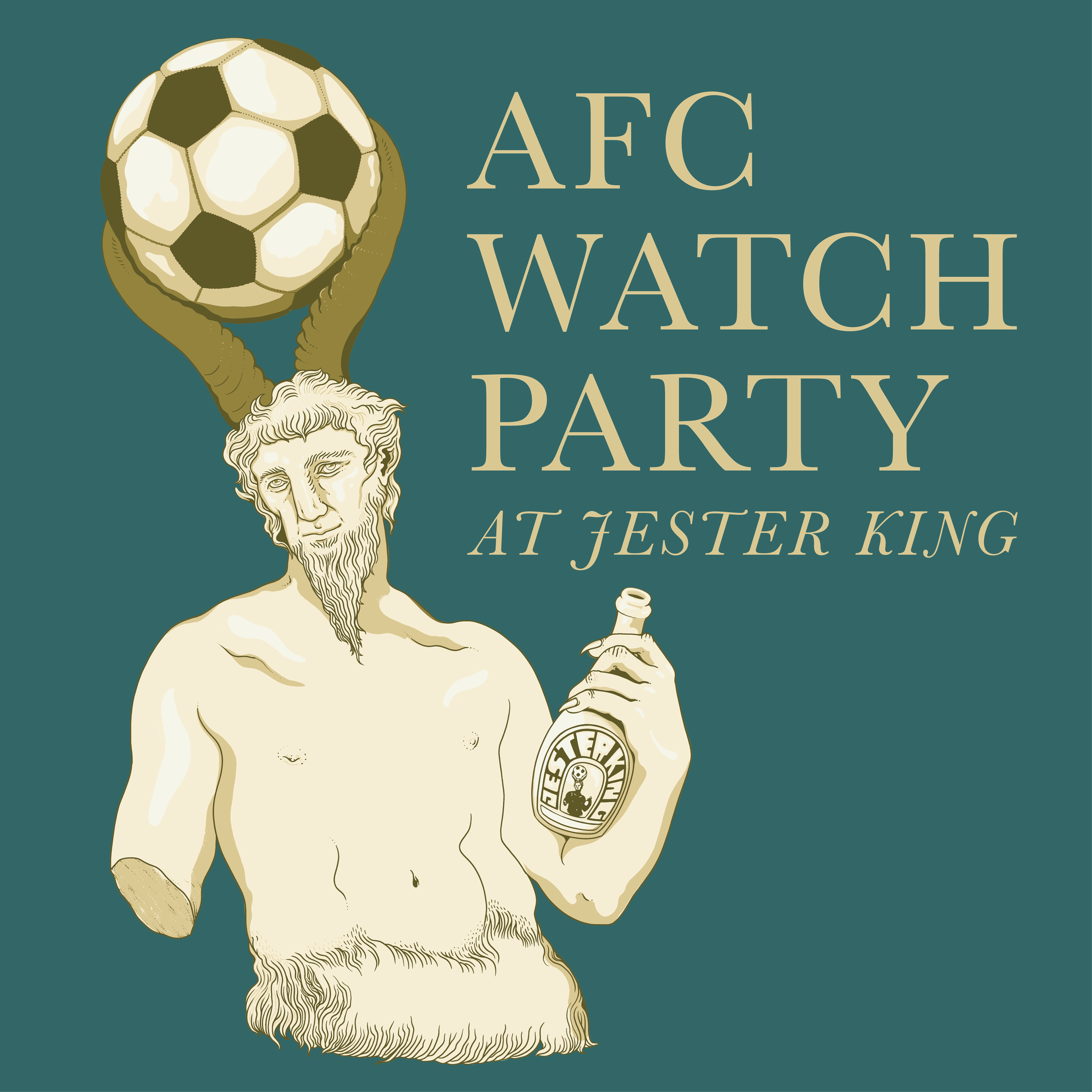 Illustration of a bearded man with a tattoo on his arm, holding a soccer ball over his head, with text that reads 'AFC WITCH PARTY AT FISTER KING'.
