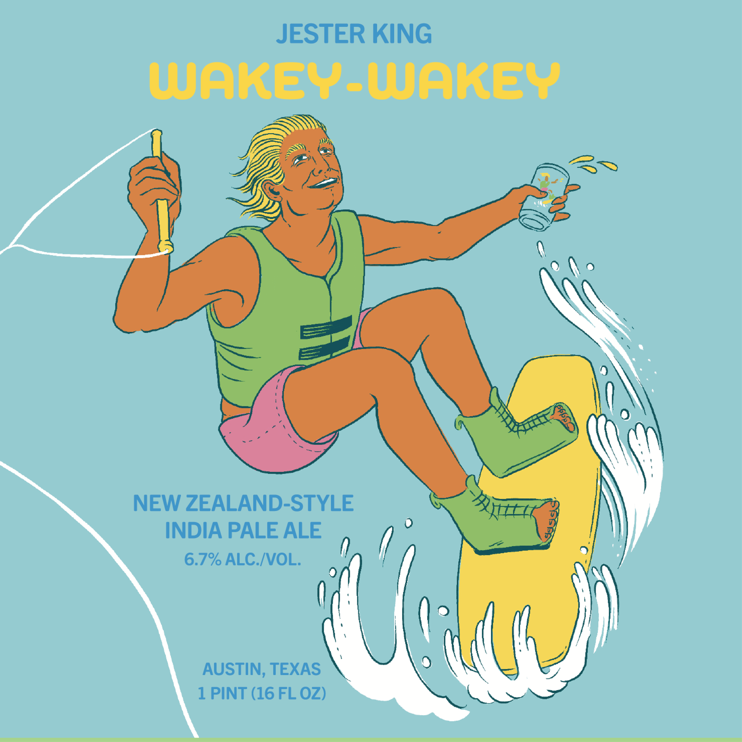 Illustration of a man with blond hair wearing a green tank top and pink shorts, sitting on a yellow kayak, holding a drink in one hand, while the other hand holds a fishing rod. The kayak is splashing water, and the background has text about Jester King Wakey-Wakey beer, an India Pale Ale from Austin, Texas.