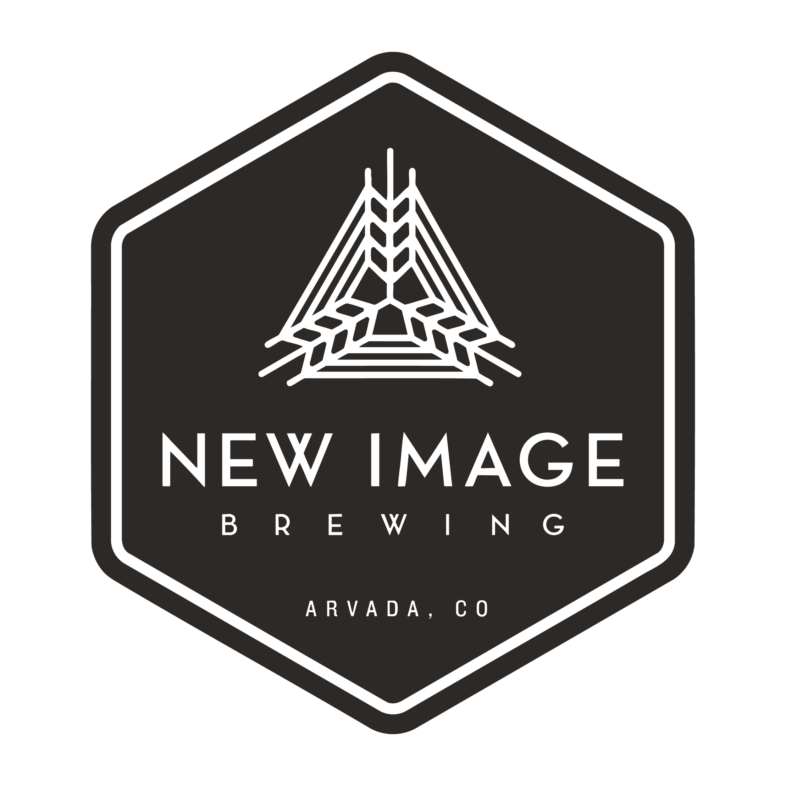 Black and white logo for New Image Brewing Company in Arvada, Colorado, featuring a triangle-shaped mountain with a stylized leaf inside.