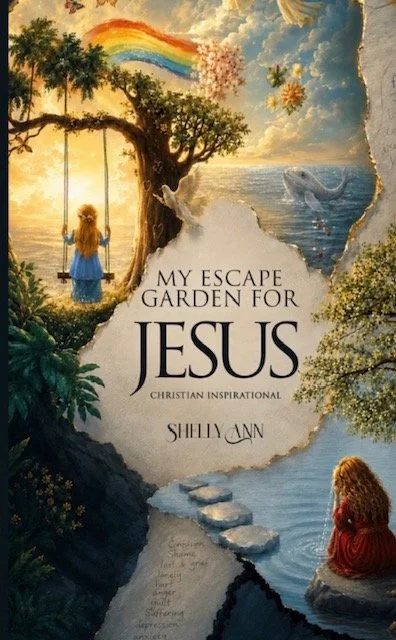 Book cover for “My Escape Garden for Jesus” by Shelly Ann, featuring a girl on a swing, rainbow, ocean, whale, and garden path.