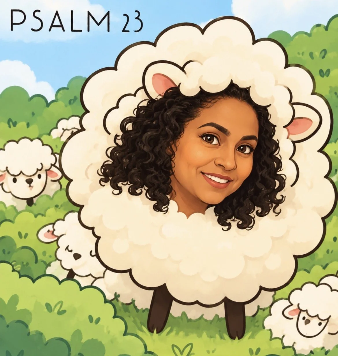 Illustration of a smiling woman with curly hair inside a large sheep, surrounded by cartoon sheep and greenery, labeled Psalm 23.
Pray this prayer and invite the Lord to be your only shepherd.