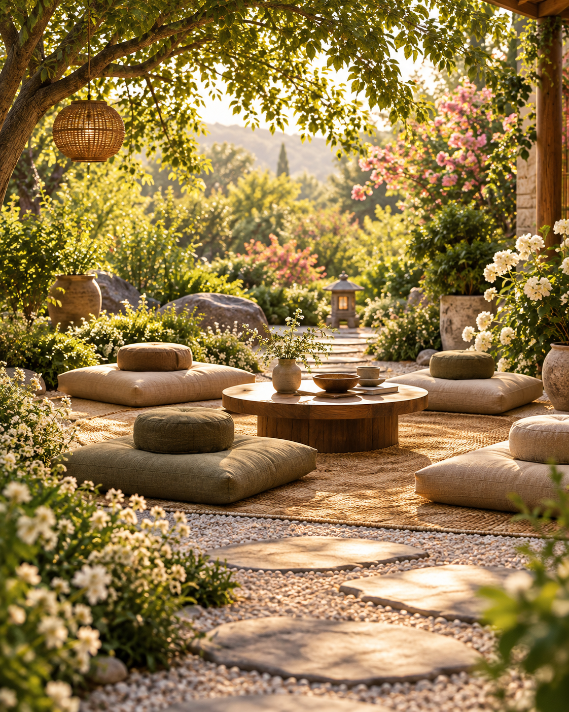 Serene Mediterranean garden patio with floor cushions, wooden coffee table, flowering plants, stepping stones, and hanging lantern