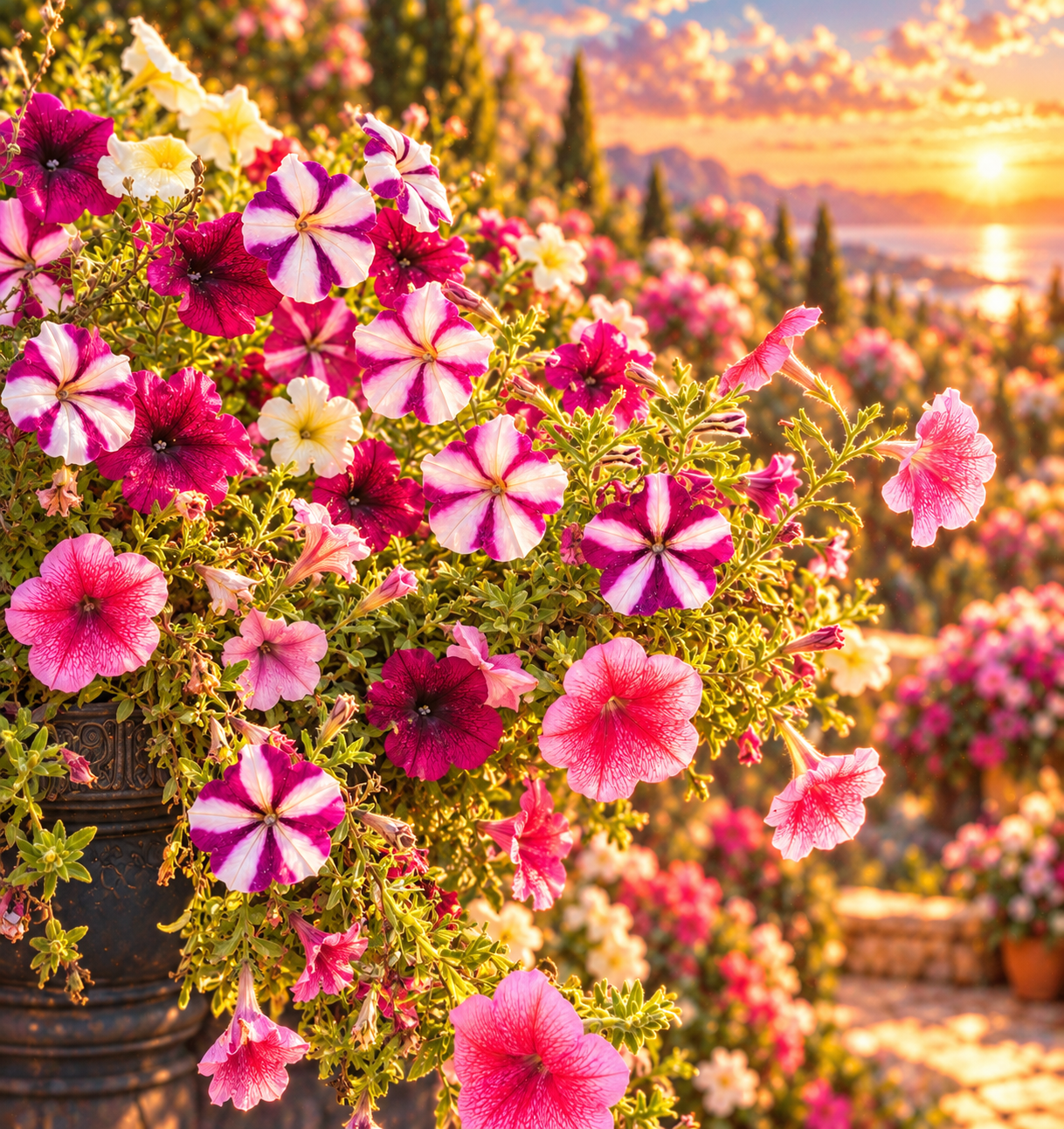 Vibrant pink, magenta, and white petunias cascading from a planter overlooking a sunlit mountain lake garden landscape