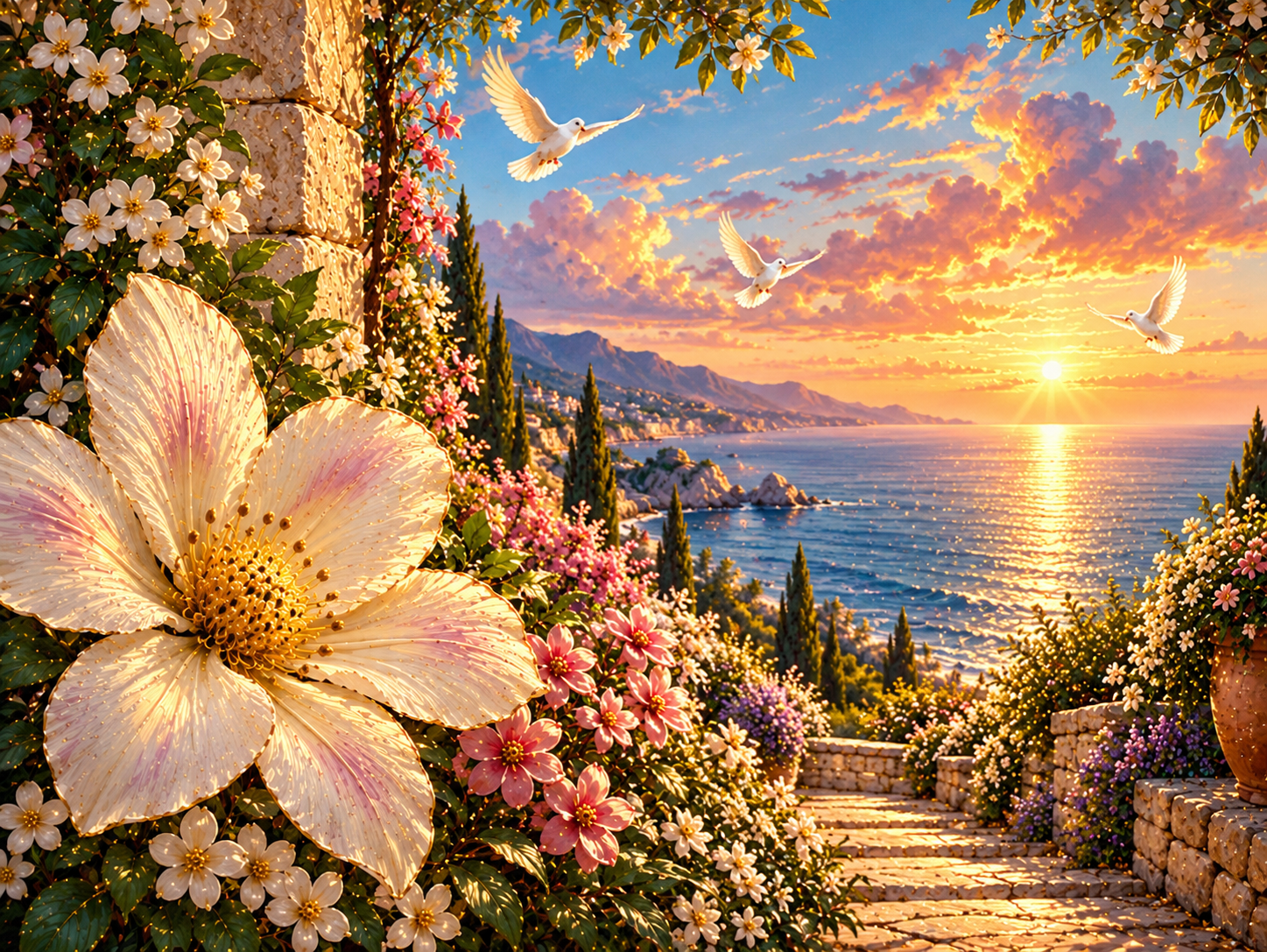 Flower-filled Mediterranean garden overlooking a sunset sea, with mountain coastline and three white doves in flight