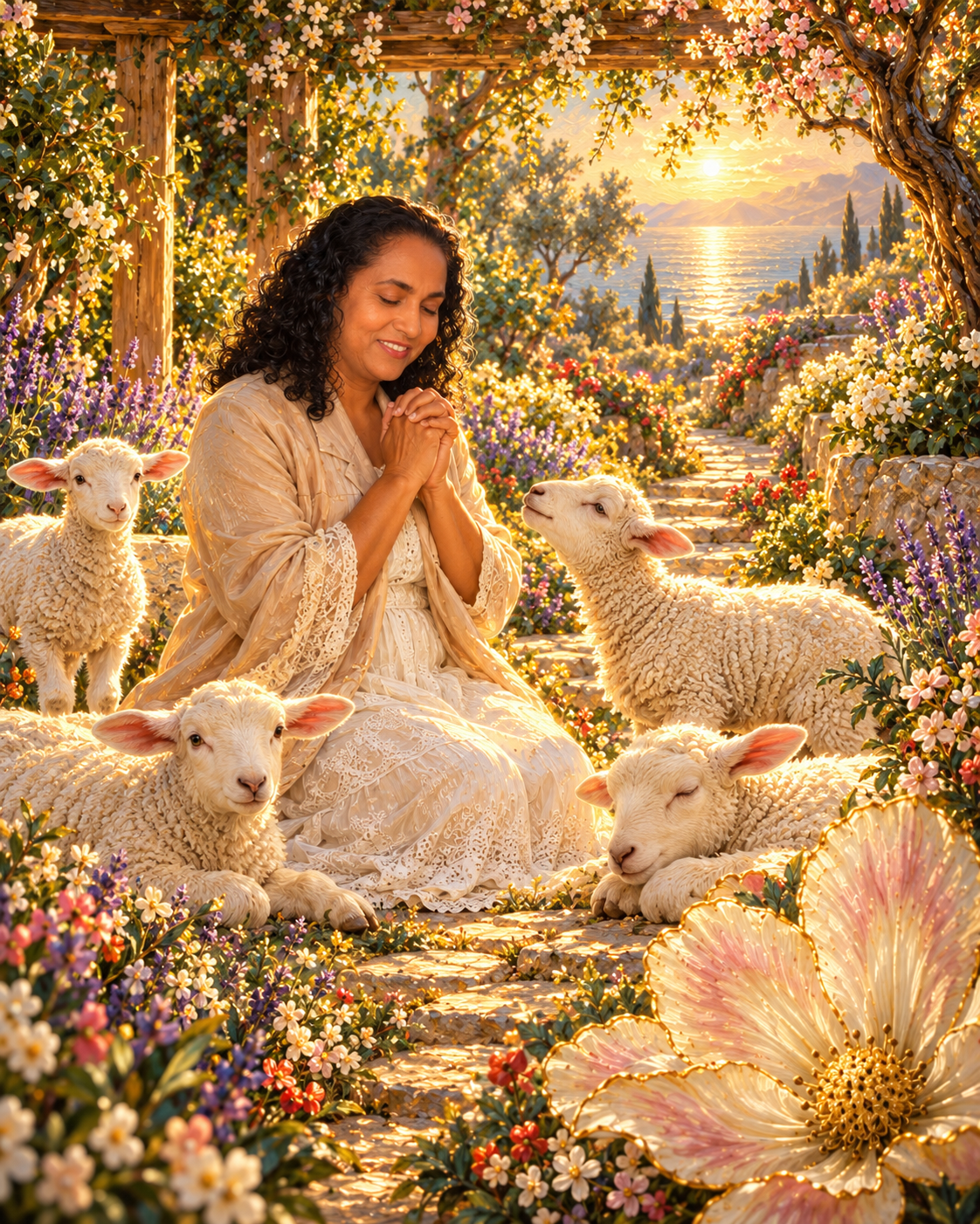 Woman in a flowing dress praying among four lambs in a sunlit flower garden overlooking the sea