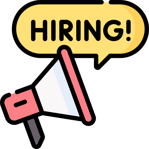 A megaphone with a yellow speech bubble above it that says "HIRING!" in bold black letters.