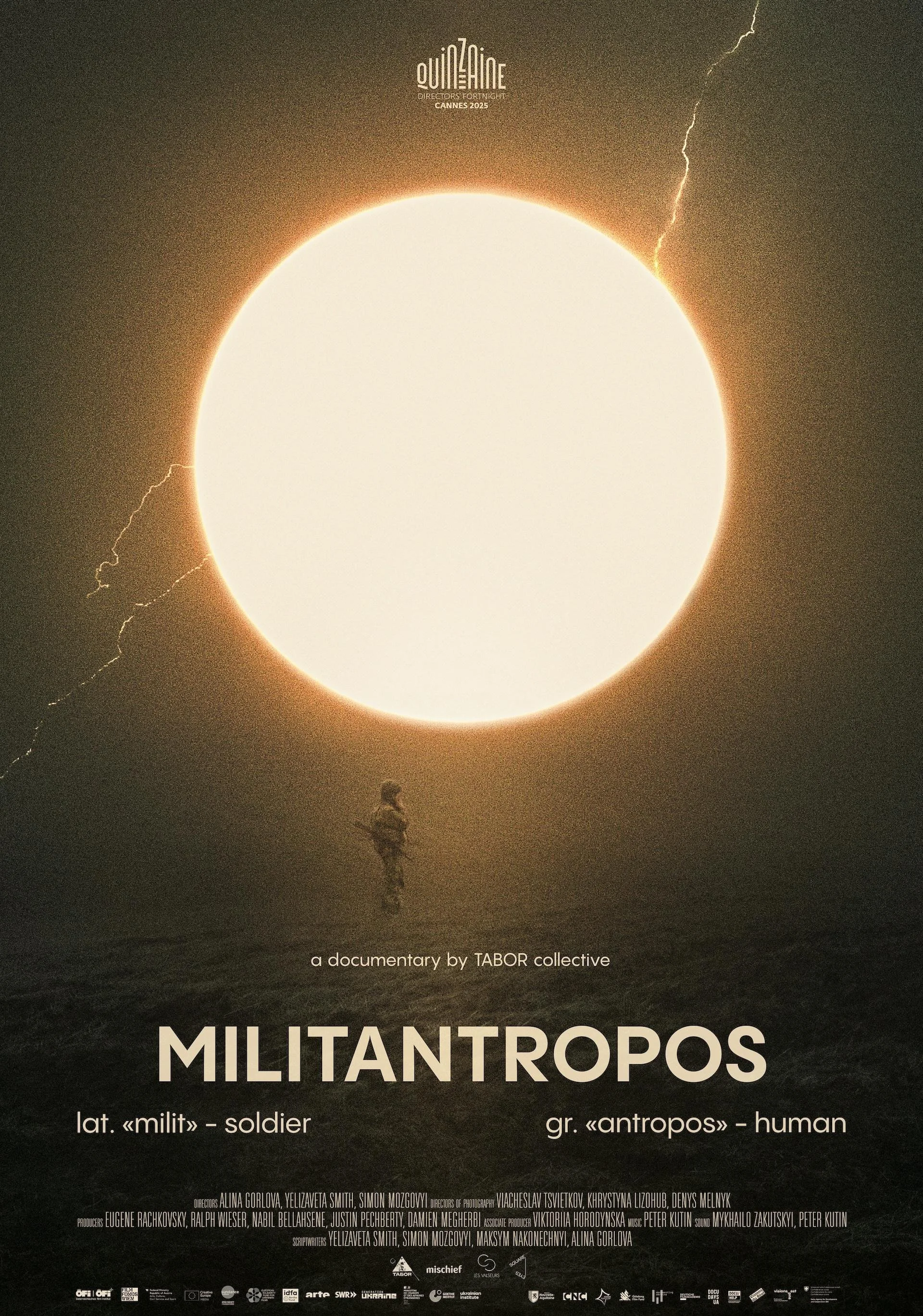 Poster for the documentary 'Militantropos' showing a person standing in a stormy landscape with lightning and a large glowing sun or moon in the sky.