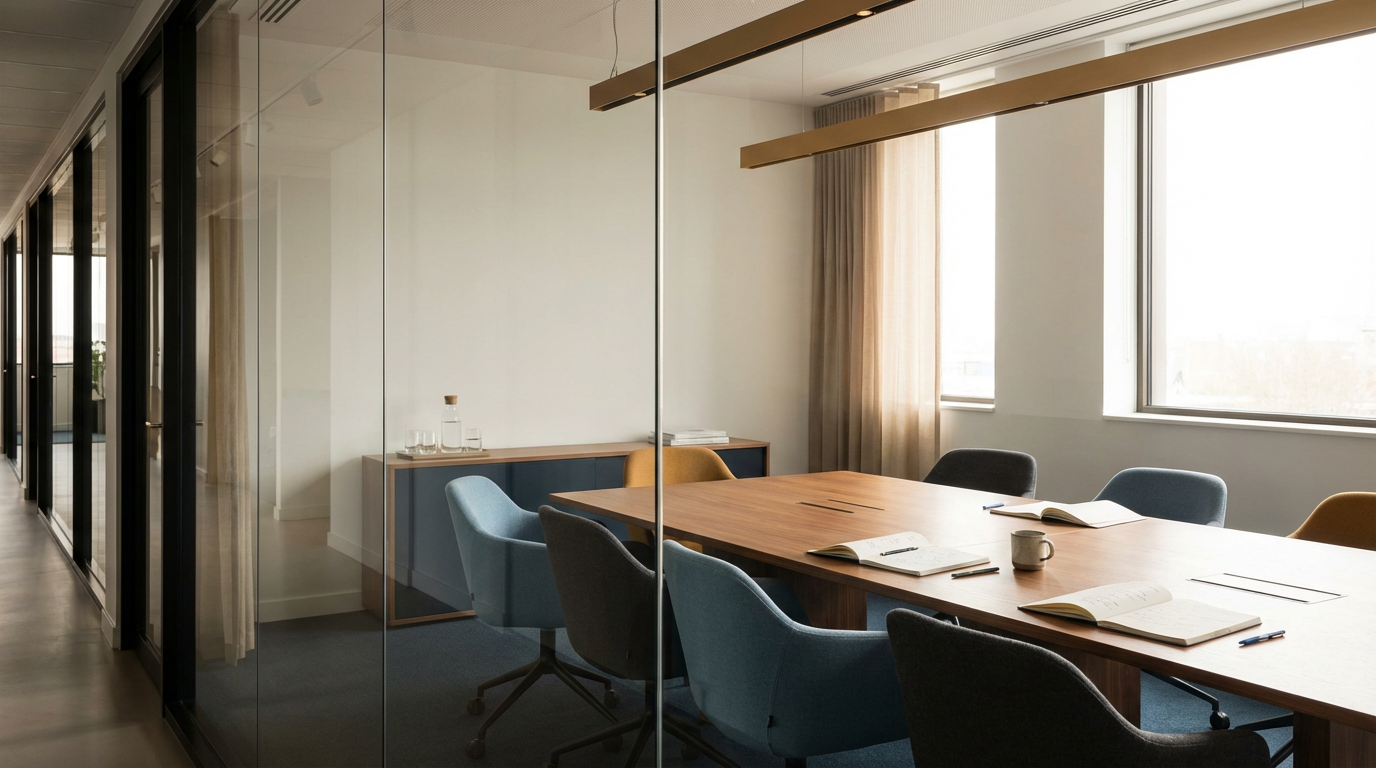 Empty conference room with large wooden table, six chairs, large windows with beige curtains, and notebooks, pens, a mug, and a carafe of water on the table.