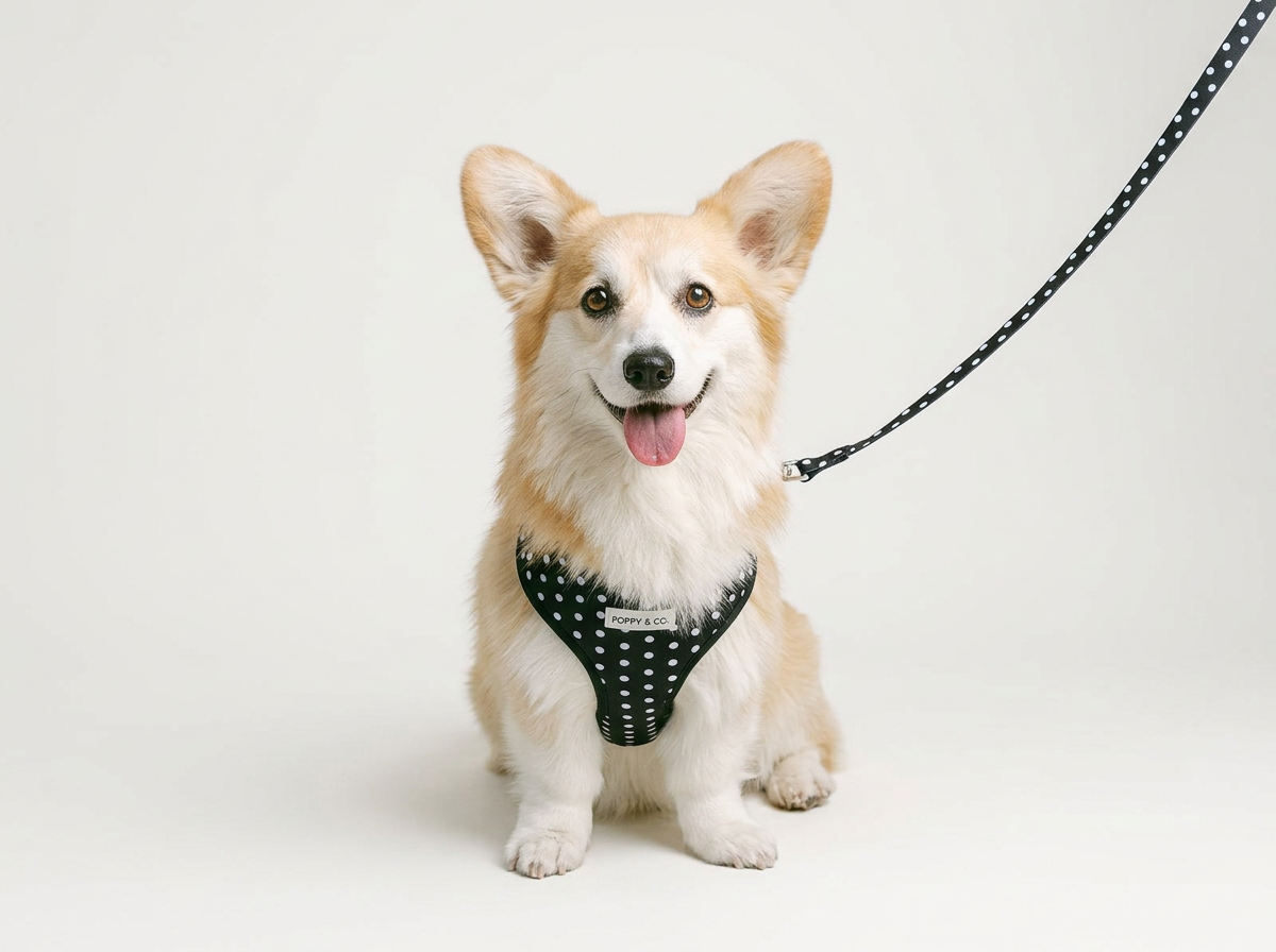 A happy corgi dog with a tan and white coat wearing a black harness with white polka dots, attached to a matching leash, sitting on a white background.