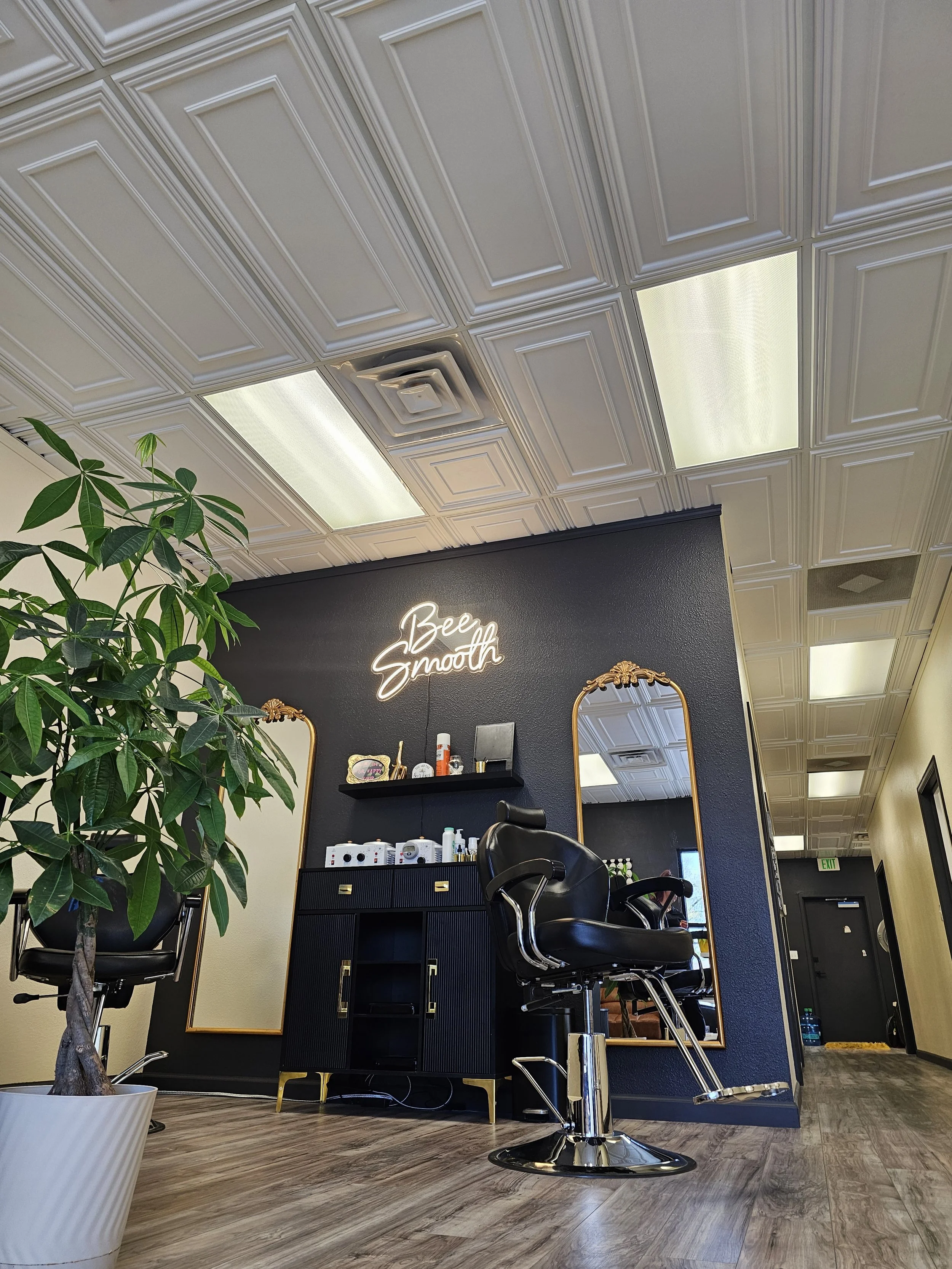 Interior view of a modern waxing salon with a salon chair, mirrors, a black cabinet, a sign reading 'Bee Smooth' on the wall, and a large potted plant. The ceiling has decorative white panels with lights, and the floor is wooden.