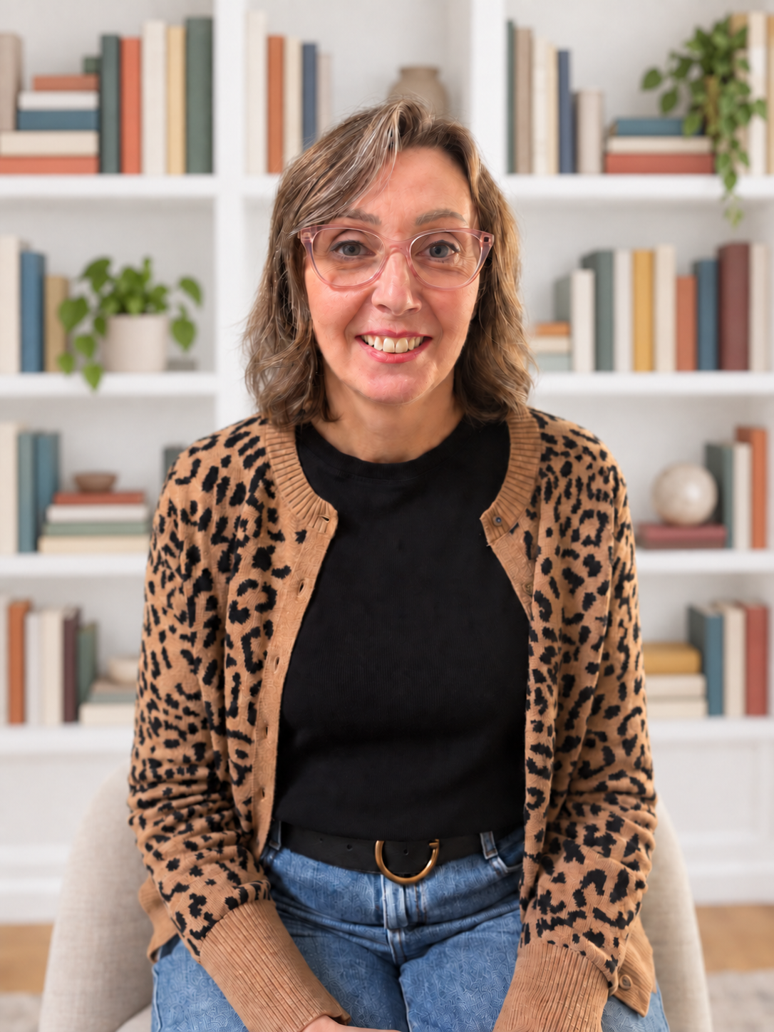 A woman with shoulder-length wavy hair, wearing clear glasses, a black top, and a leopard print cardigan, sitting in front of a bookshelf with colorful books and plants.