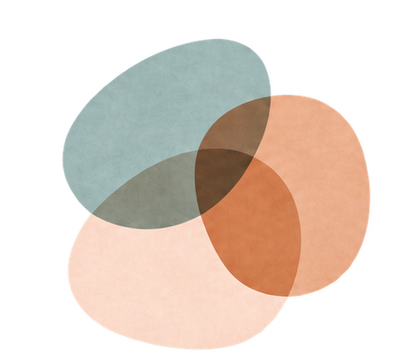 Abstract overlapping circles in teal, brown, peach, and muted green colors.