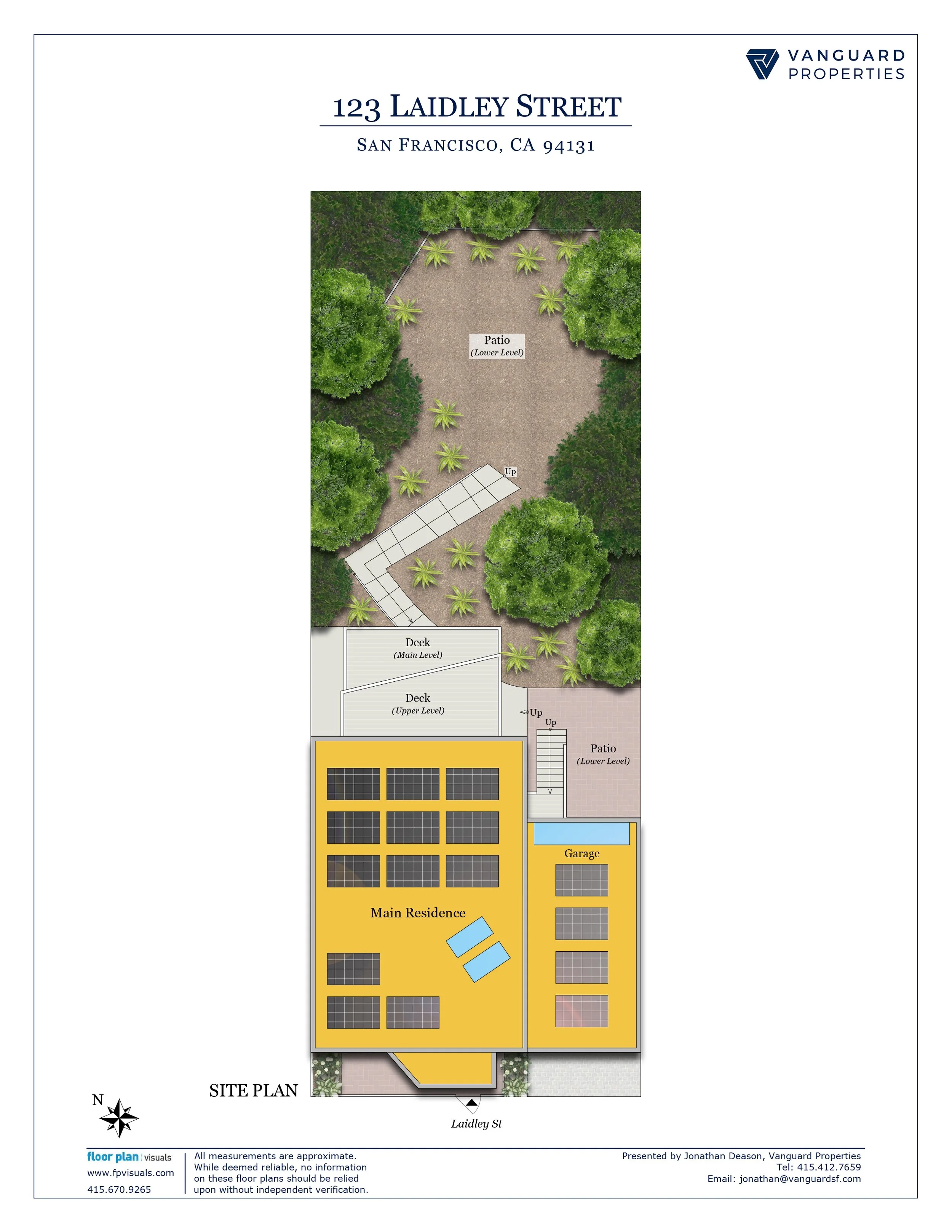 Floor plan layout of a property at 123 Laidley Street, San Francisco, CA 94131, showing a patio, decks, main residence, garage, and solar panels, with surrounding trees and landscape features.