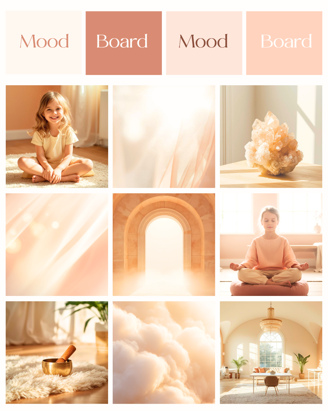 A mood board in soft peach and cream tones, featuring images of children meditating, abstract light and fabric textures, a crystal, an arched doorway with light, a room with sunlight, a singing bowl, clouds, and an elegant living space with large arched window and plants.