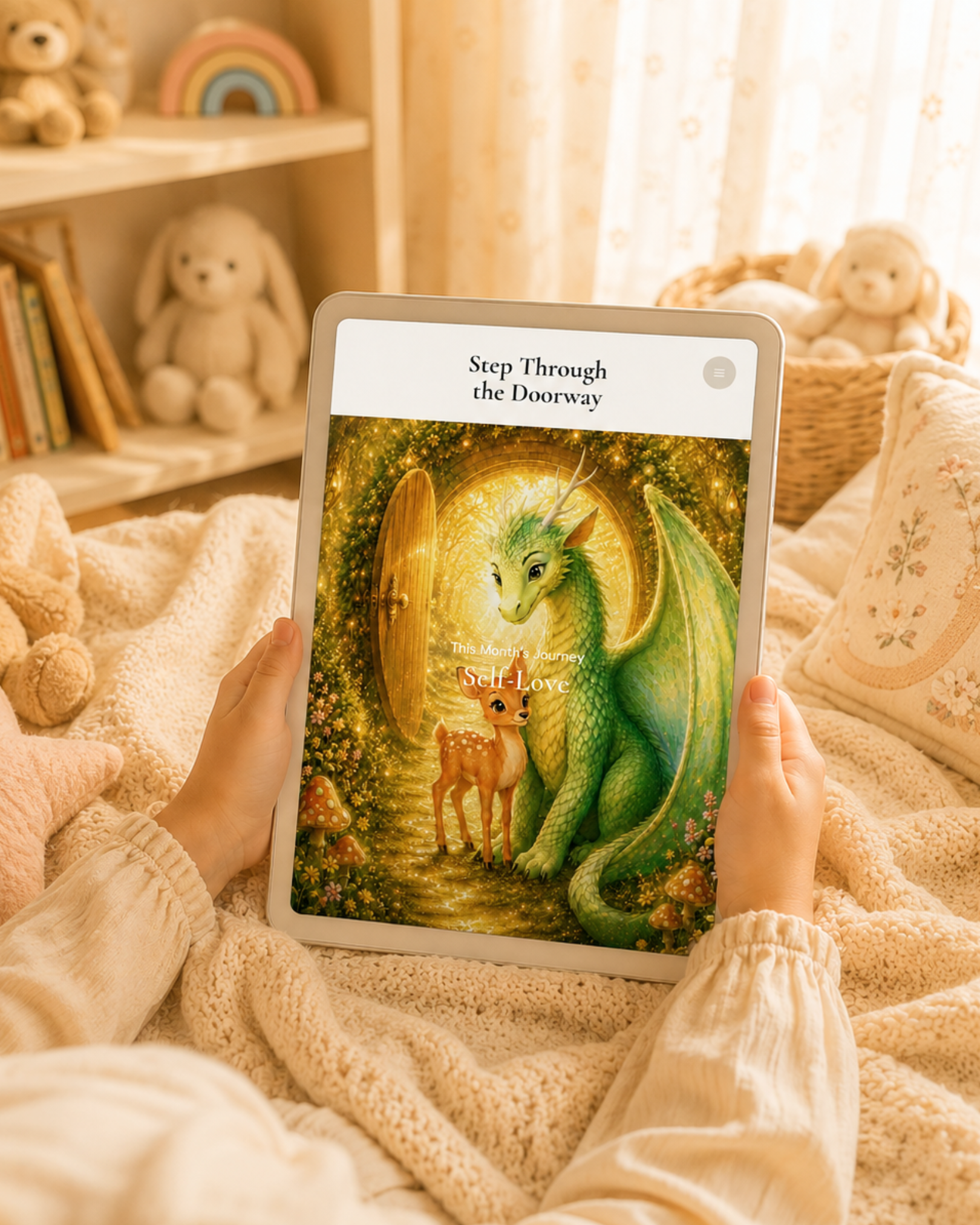 Person holding a tablet displaying a fantasy illustration of a green dragon and a fawn, with the title 'Step Through the Doorway' and subtitle 'Self-Love'. The setting appears cozy with plush toys and books in a softly lit room.