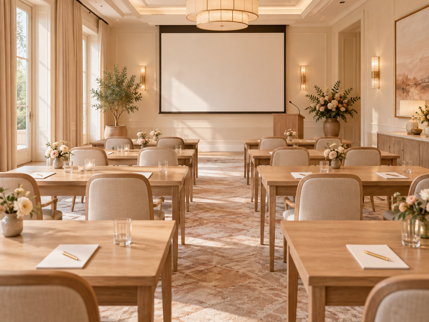 A modern, elegant conference or meeting room with a large blank projector screen, multiple wooden tables with beige chairs, floral centerpieces, and natural lighting from large windows with beige curtains.