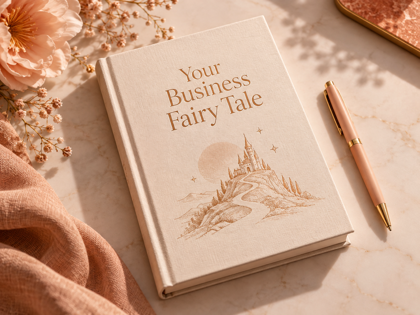 A white hardcover book titled 'Your Business Fairy Tale' with a castle and mountain illustration on the cover, surrounded by pink flowers, a pink pen with gold accents, a pinkish cloth, and a rose gold tray, all on a marble surface.