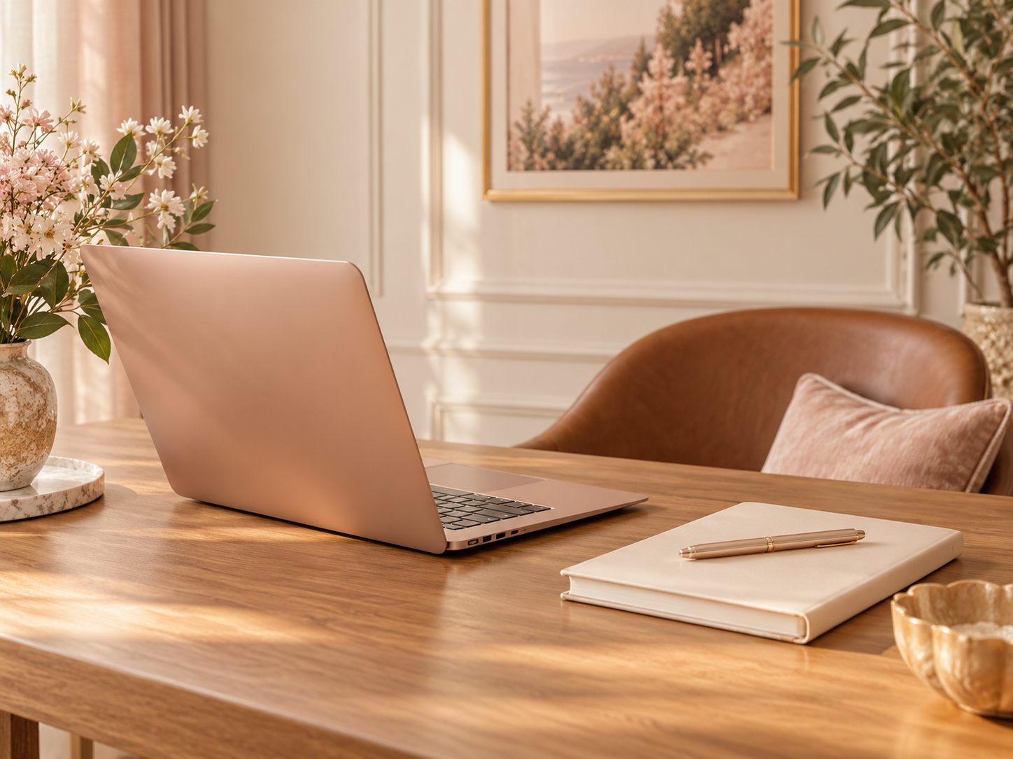 A wooden desk with a rose gold laptop, a beige notebook with a pen on top, a gold-colored bowl, and a vase with pink and white flowers, in a room with cream-colored walls and a framed landscape painting in the background.