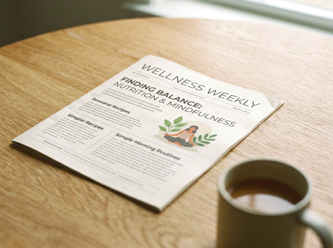 A weekly wellness newsletter on finding balance with nutrition and mindfulness, placed on a wooden table next to a coffee mug.