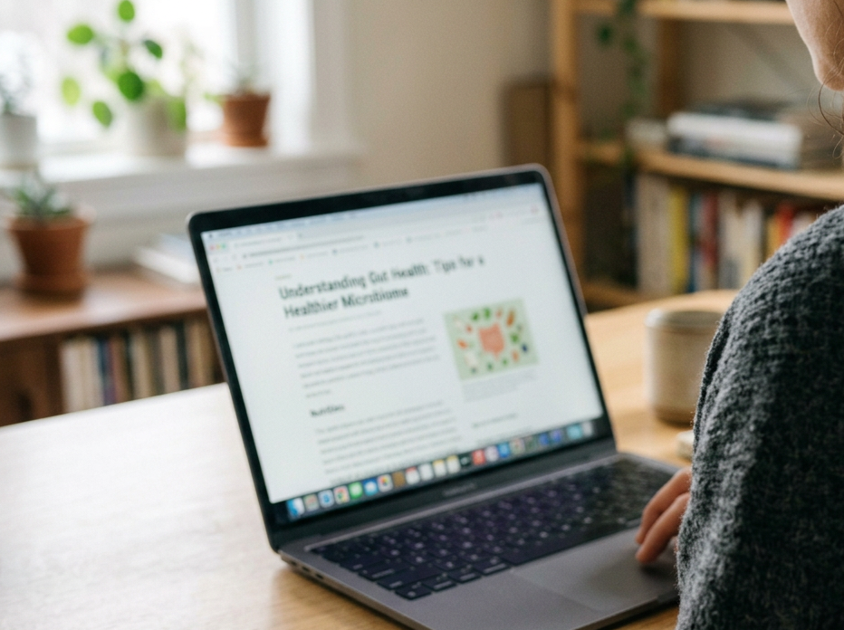 A person using a laptop at a wooden table, reading an article about health, with a colorful illustration on the screen, with indoor houseplants and books in the background.