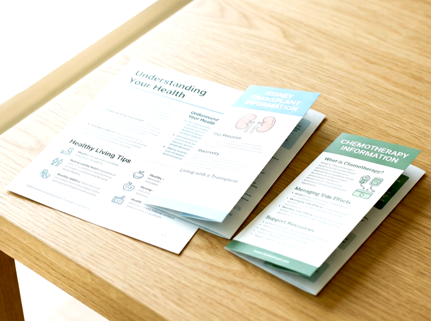 Brochures and pamphlets about health topics on a wooden table, including kidney transplant information and chemotherapy information.
