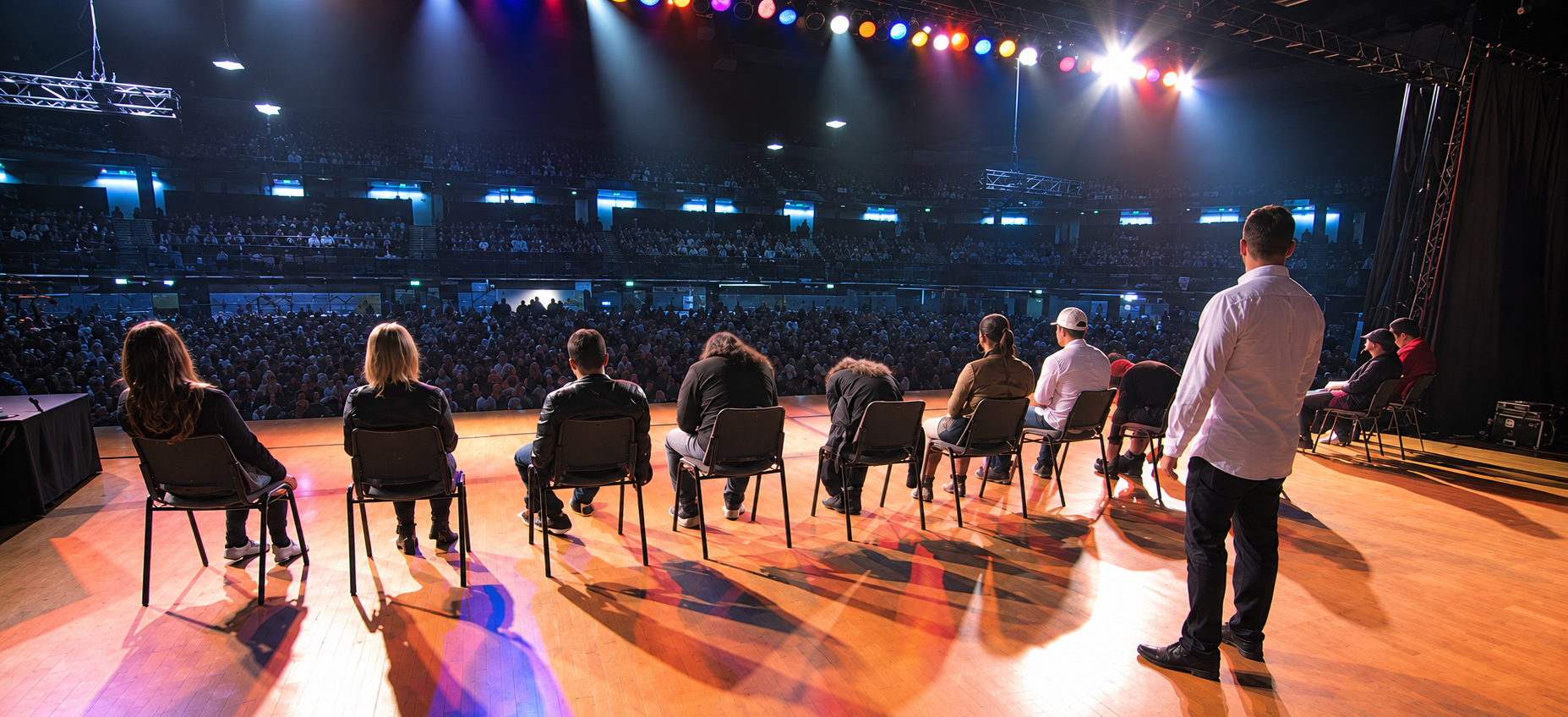 A panel of nine people sitting on chairs on a stage facing a large audience at a conference or event. The audience is in a dimly lit auditorium with bright stage lighting illuminating the panel.