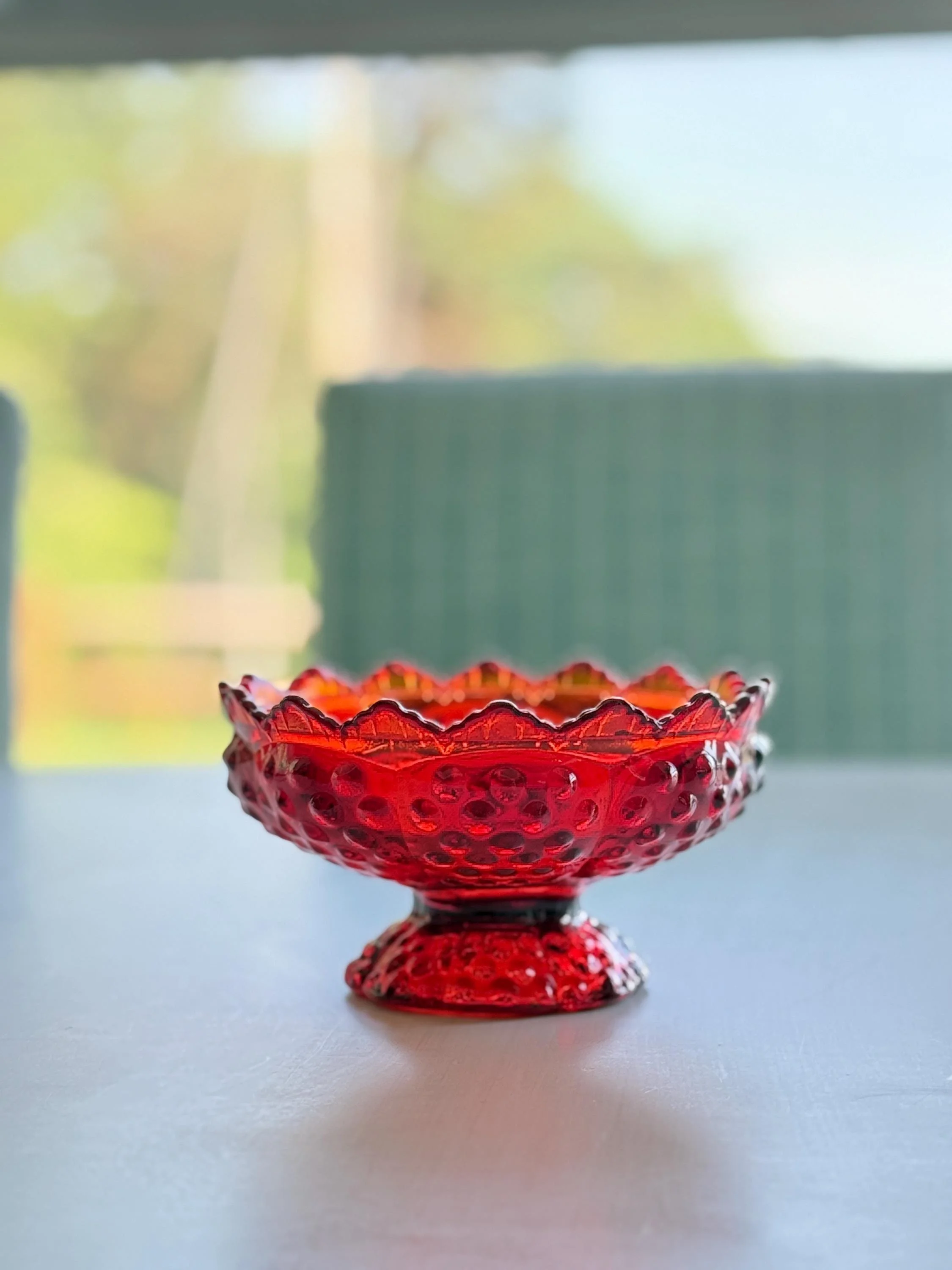 Fenton Cranberry Hobnail Glass Candy Dish Base – Vintage Red Glass Compote Bowl – Replacement Base Only- Fenton Signed