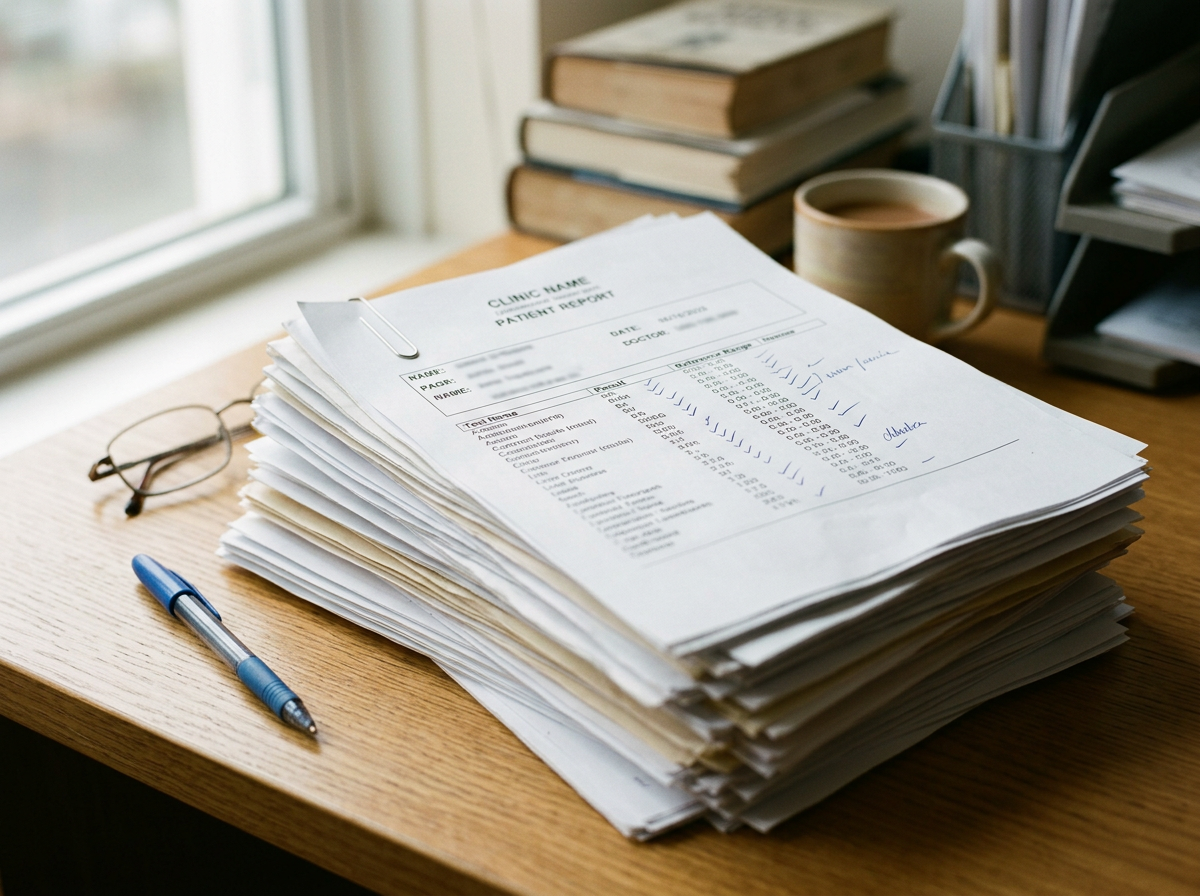 A wooden desk with a stack of paperwork, a pen, and a pair of glasses. There's also a mug, several books, and a desk organizer nearby, placed near a window.