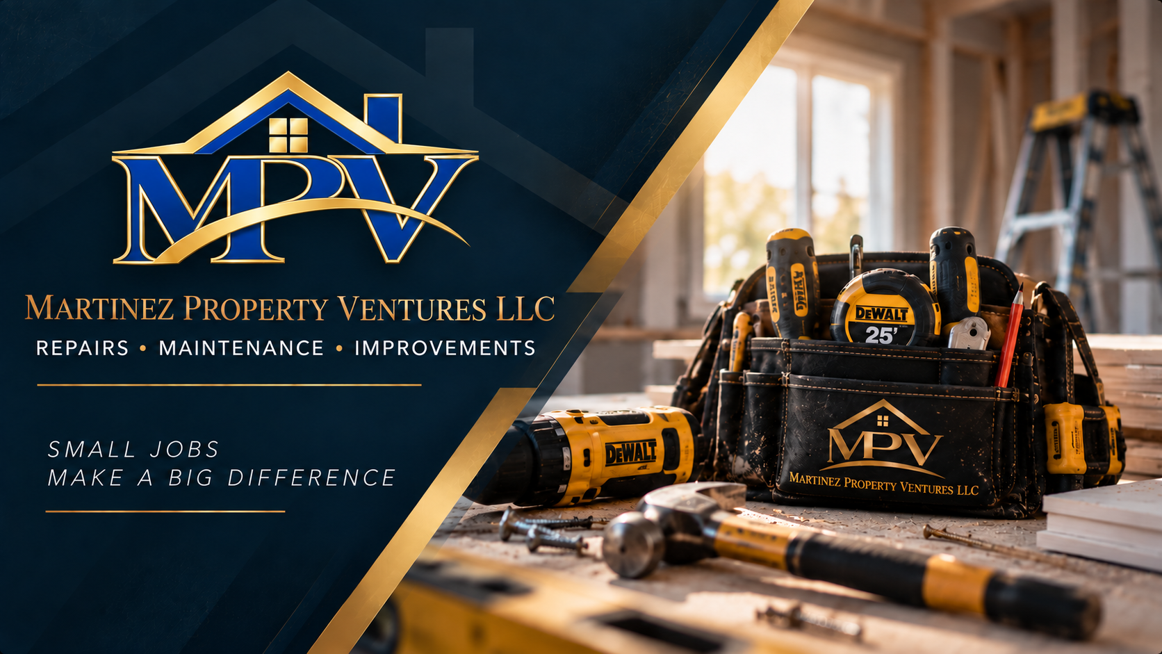 Martinez Property Ventures LLC services: repairs, maintenance, and improvements, with tools at a home renovation site