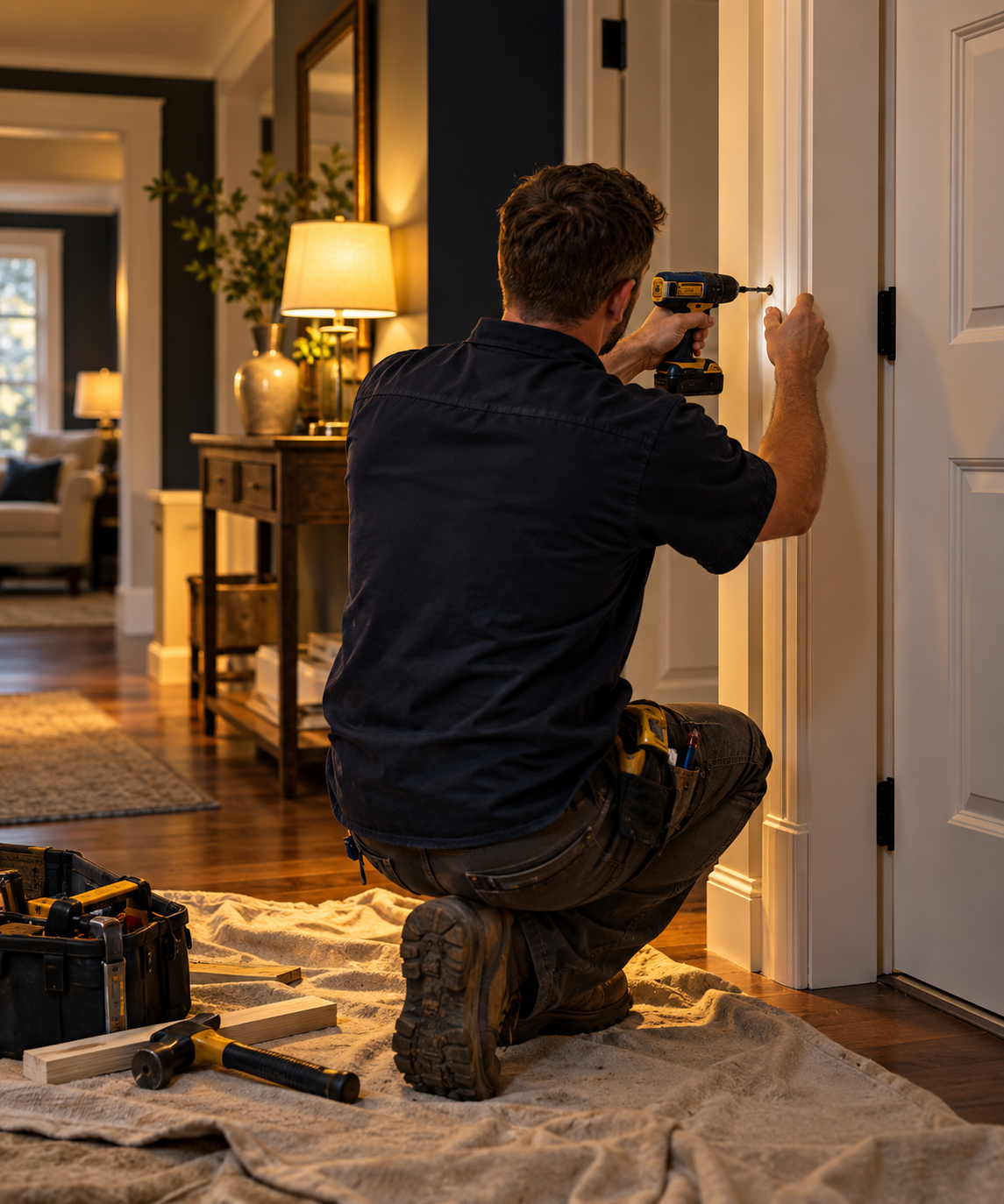 Illustration of a handyman repairing interior door trim