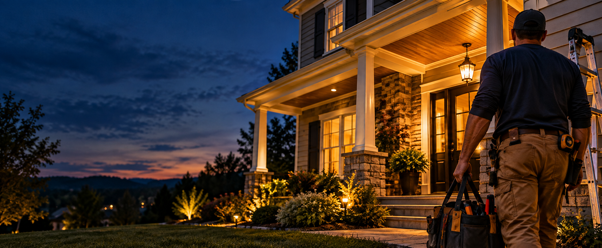 Illustration of a handyman arriving at a warmly lit home at dusk