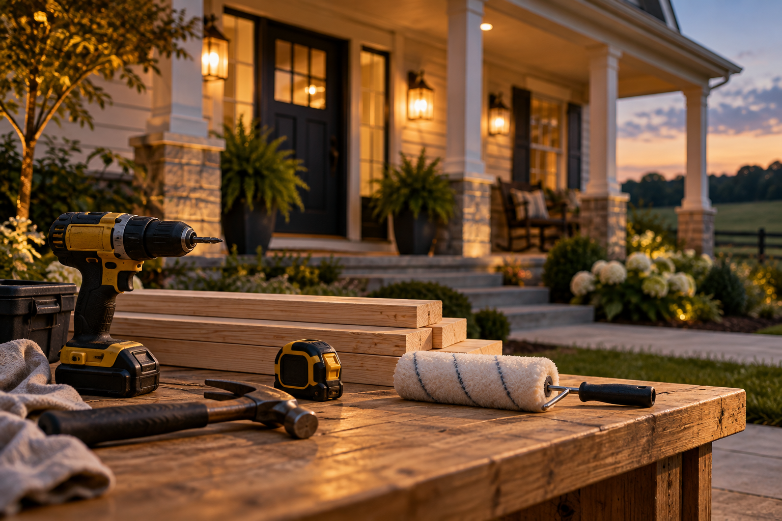 Handyman tools and painting supplies outside a warmly lit home