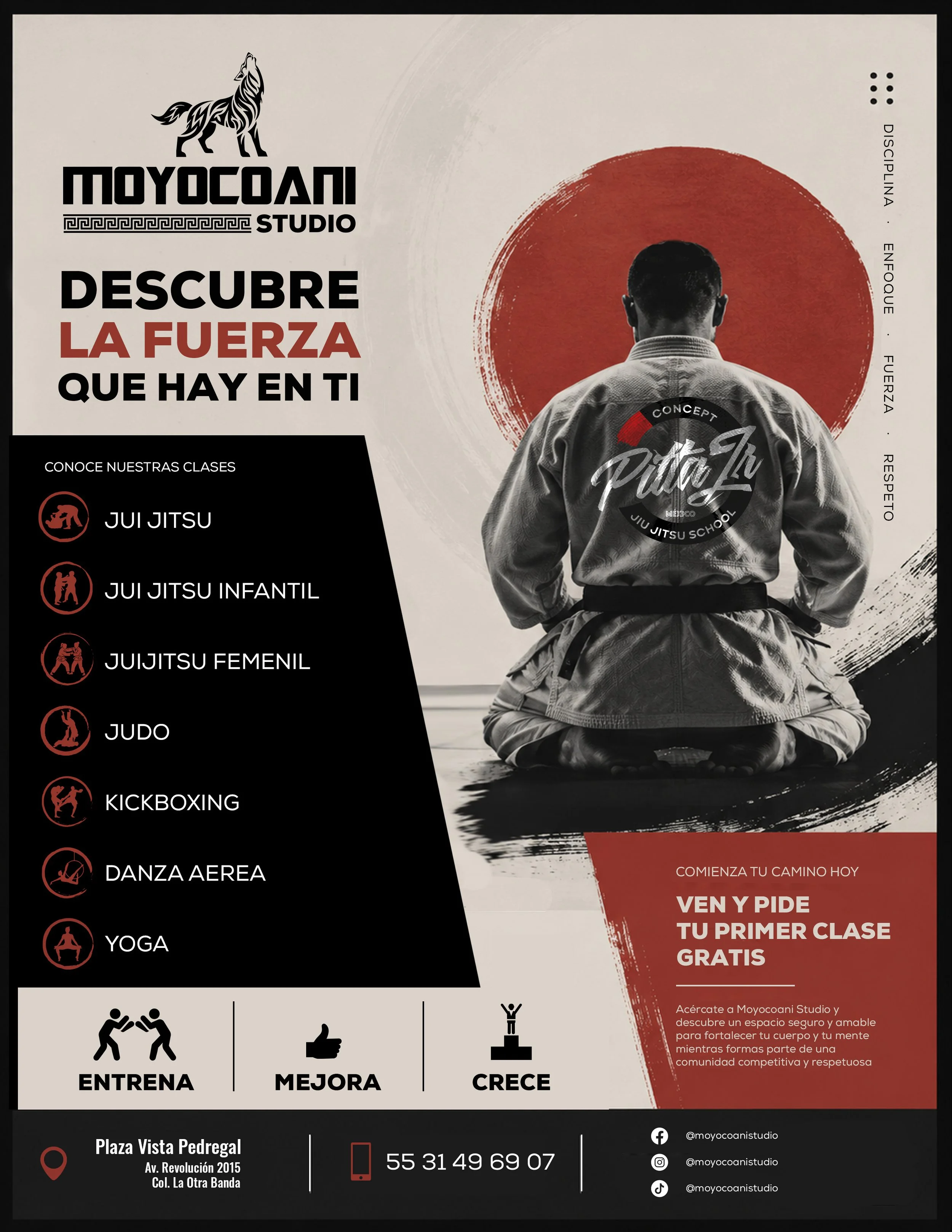 Publicidad de Moyocani Studio en Plaza Vista Pedregal: clases de jiu jitsu, jiu jitsu infantil, jiu jitsu femenil, judo, kickboxing, danza aérea y yoga, con promoción de primera clase gratis.
